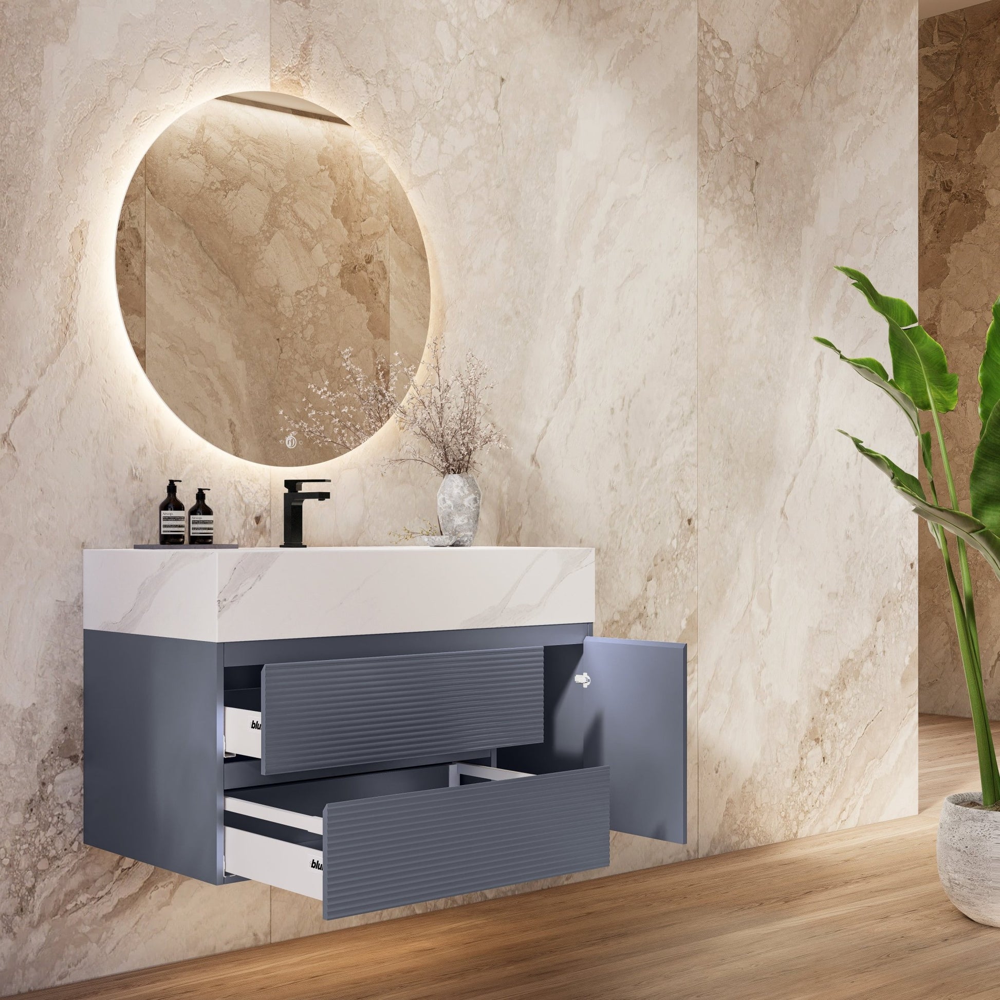 32"/36"/ 40"/ 48" Dark Grey Fluted Floating Vanity with Seamless Stone Sink -VanityWhite Carrara