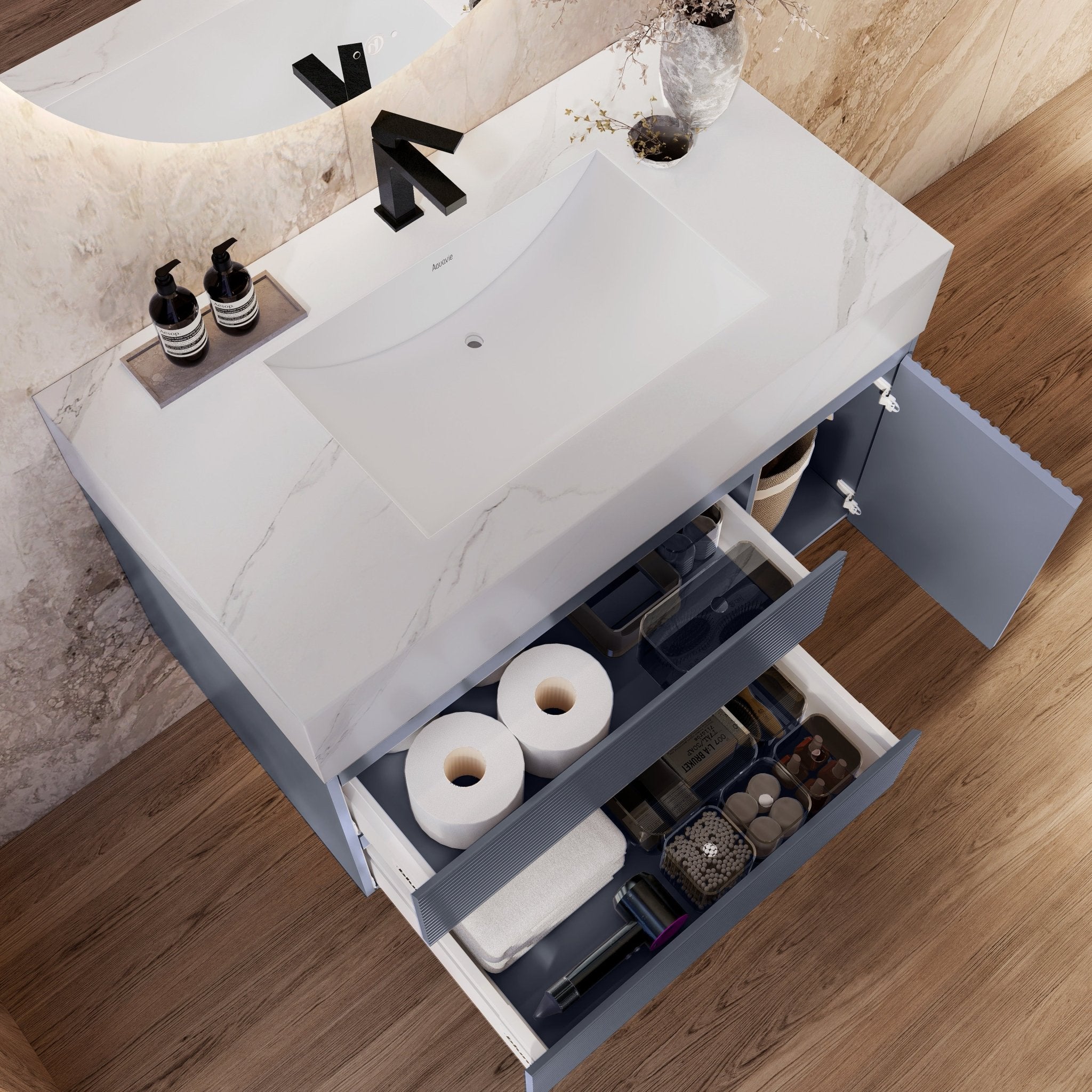32"/36"/ 40"/ 48" Dark Grey Fluted Floating Vanity with Seamless Stone Sink -VanityWhite Carrara