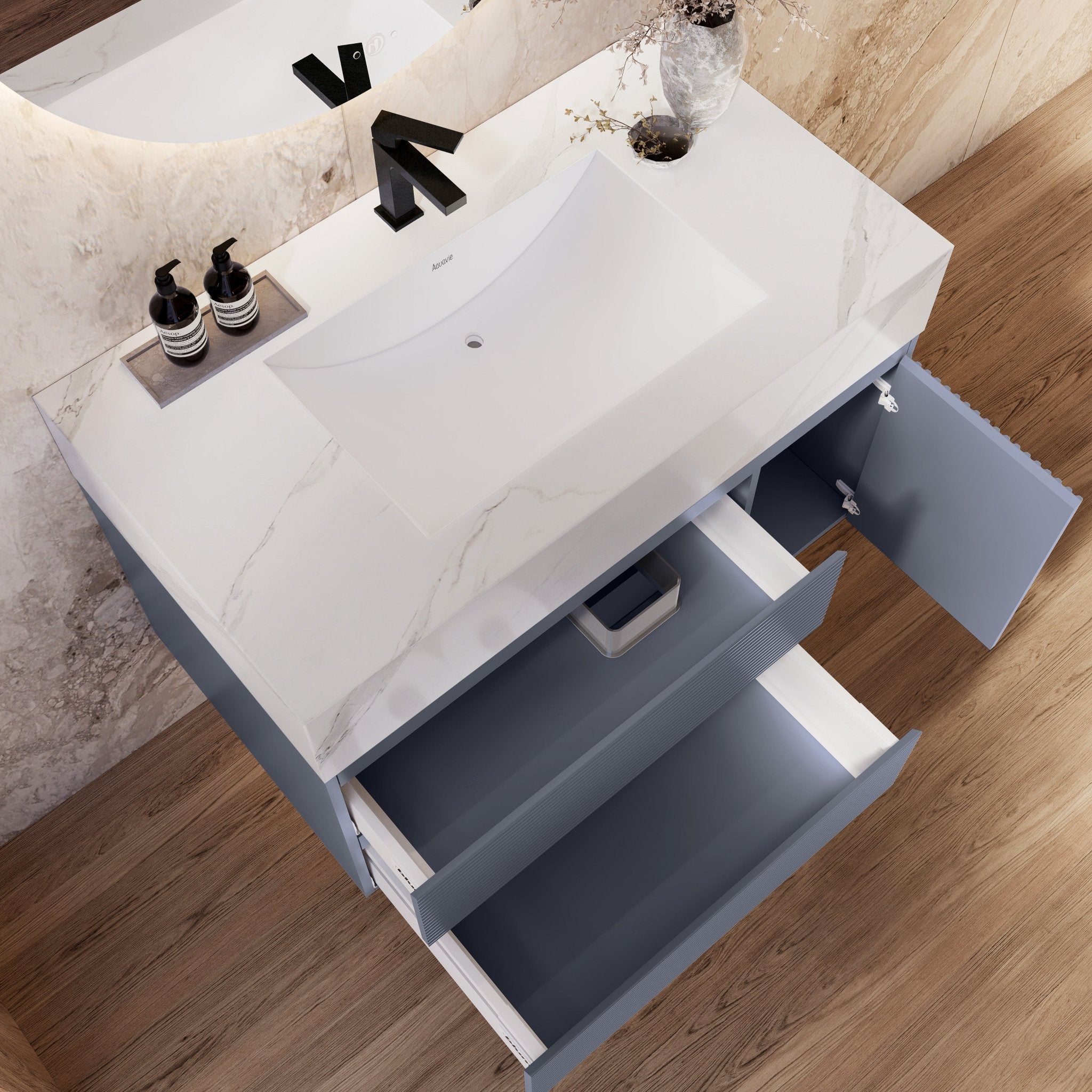 32"/36"/ 40"/ 48" Dark Grey Fluted Floating Vanity with Seamless Stone Sink -VanityWhite Carrara