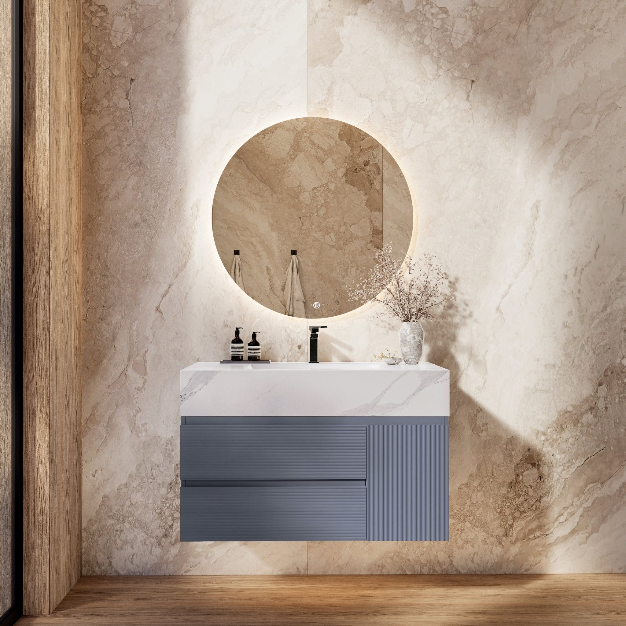 32"/36"/ 40"/ 48" Dark Grey Fluted Floating Vanity with Seamless Stone Sink -VanityWhite Carrara