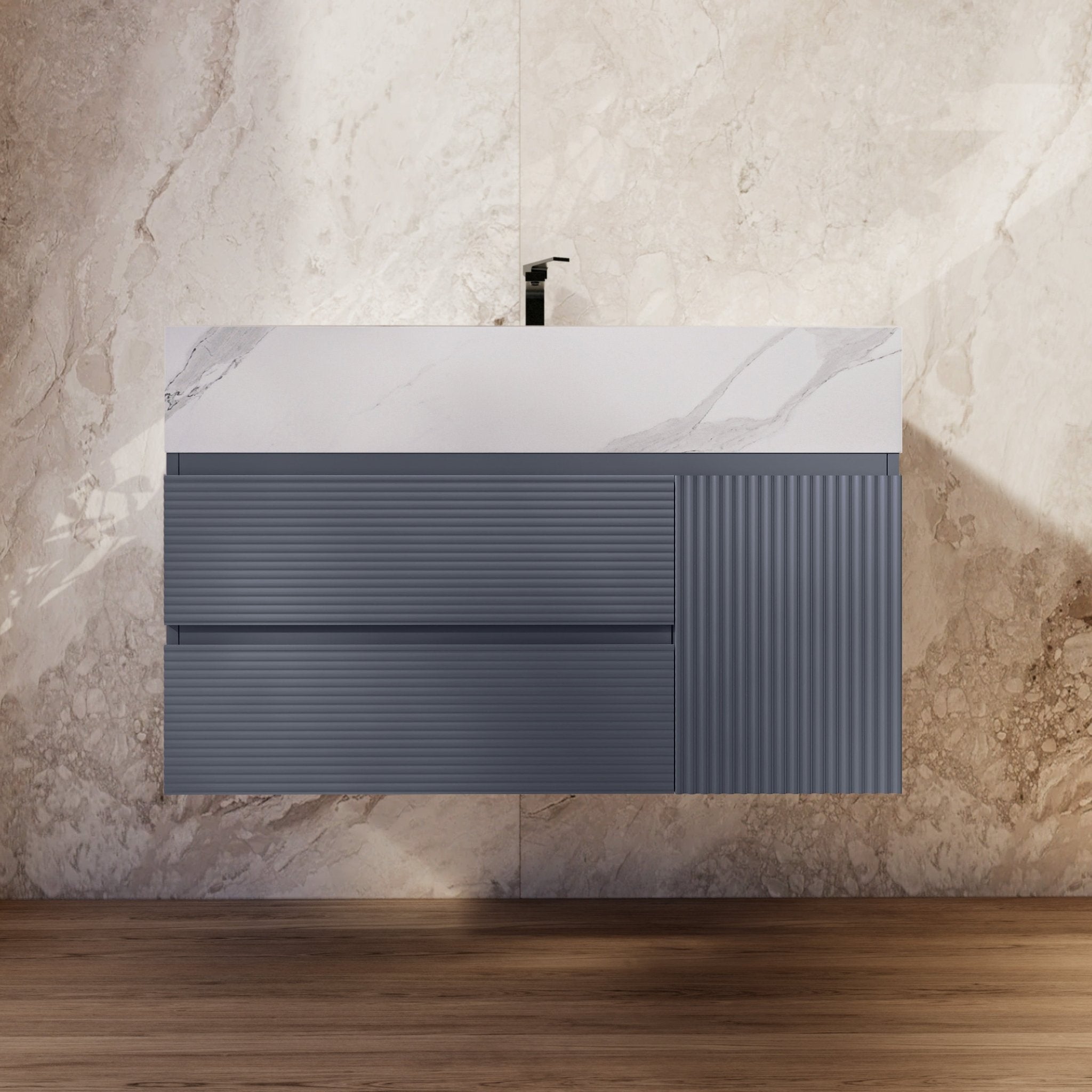 32"/36"/ 40"/ 48" Dark Grey Fluted Floating Vanity with Seamless Stone Sink -VanityWhite Carrara