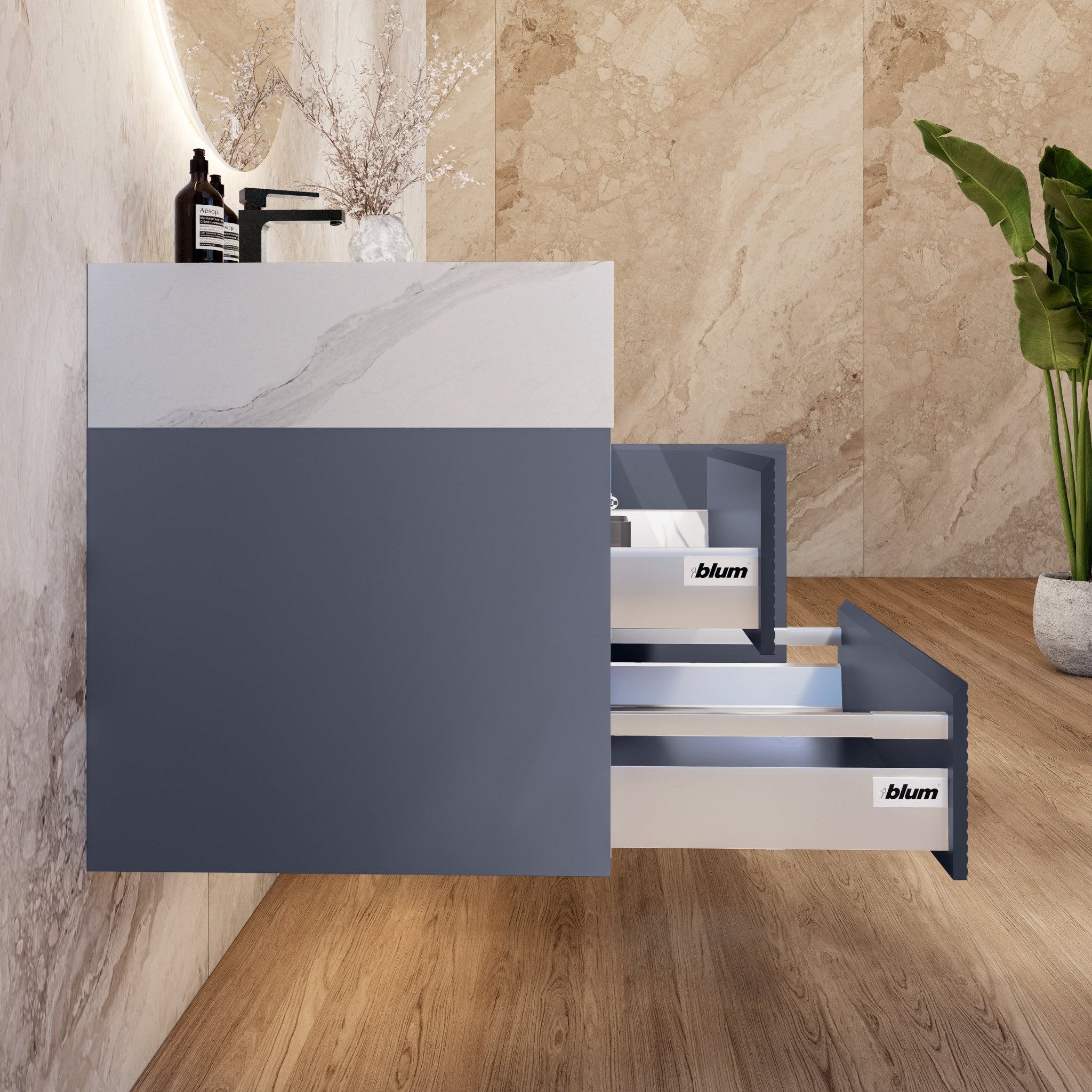 32"/36"/ 40"/ 48" Dark Grey Fluted Floating Vanity with Seamless Stone Sink -VanityWhite Carrara