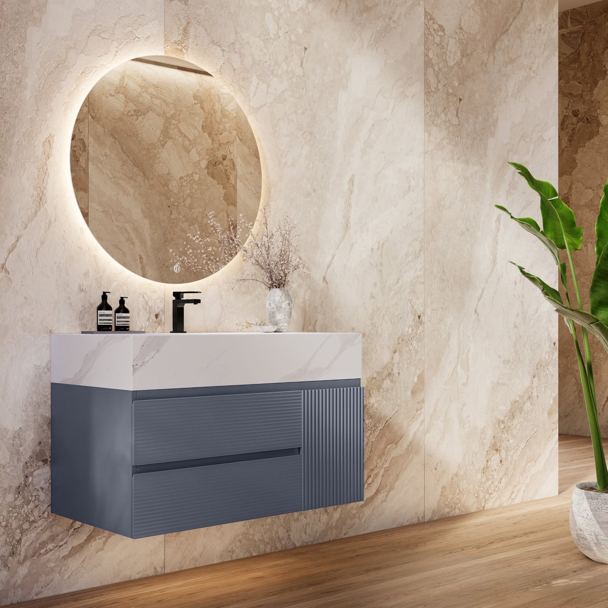 32"/36"/ 40"/ 48" Dark Grey Fluted Floating Vanity with Seamless Stone Sink -VanityWhite Carrara