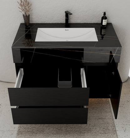 32–48" Black Fluted Floating Vanity with Seamless Stone Sink - VanityBlack Marquina Gold Veins NeoNova Decor