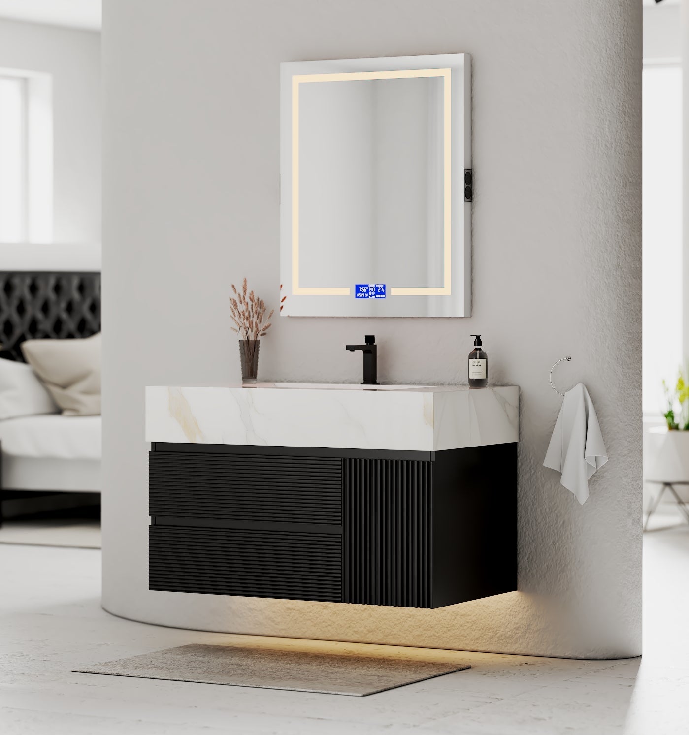 32–48" Black Fluted Floating Vanity with Seamless Stone Sink - VanityCalacatta Gold NeoNova Decor