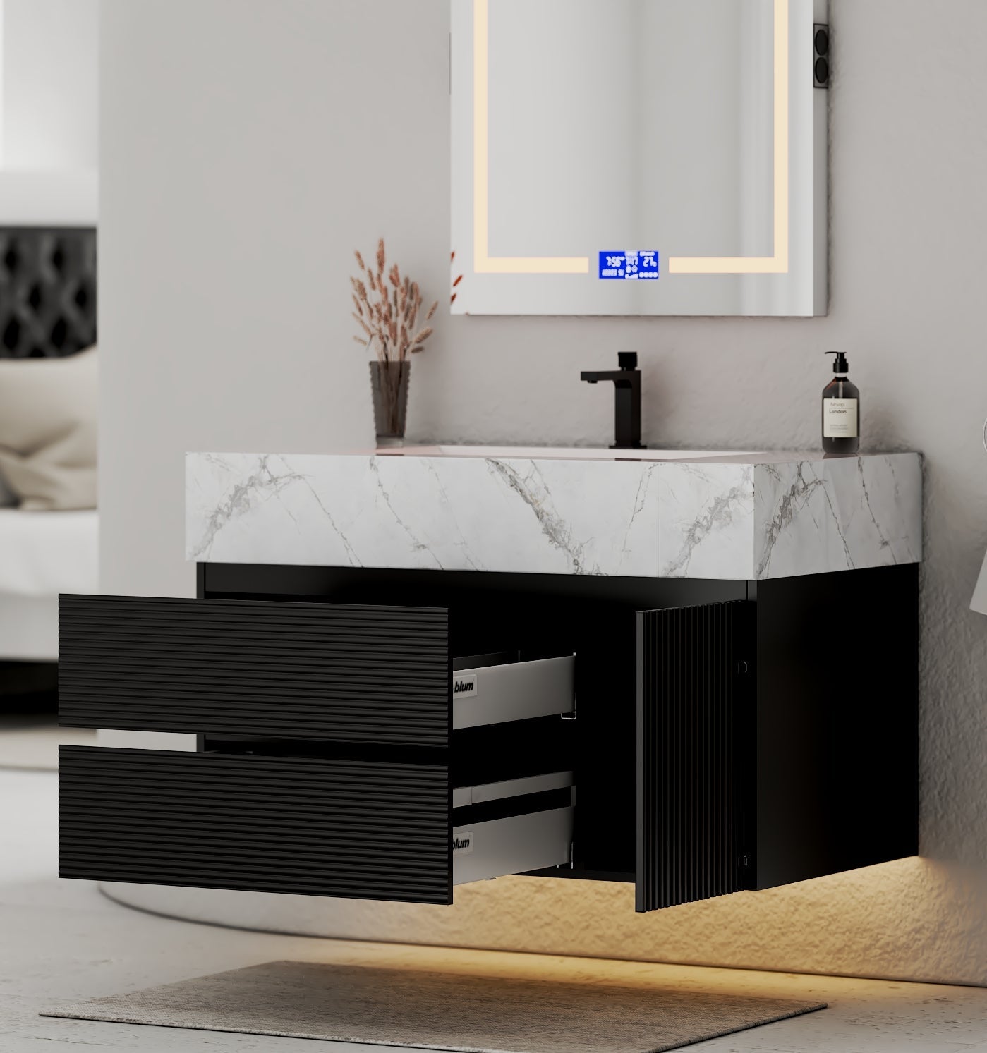 32–48" Black Fluted Floating Vanity with Seamless Stone Sink - VanityIce Grey NeoNova Decor