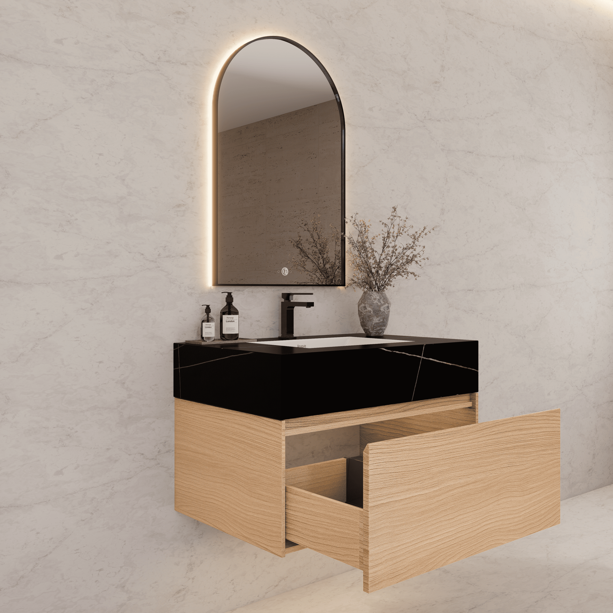 32"Nature Oak Single Sink Floating Bathroom Vanity with Sintered Stone Top - VanityBlack Marquina Gold Veins NeoNova Decor