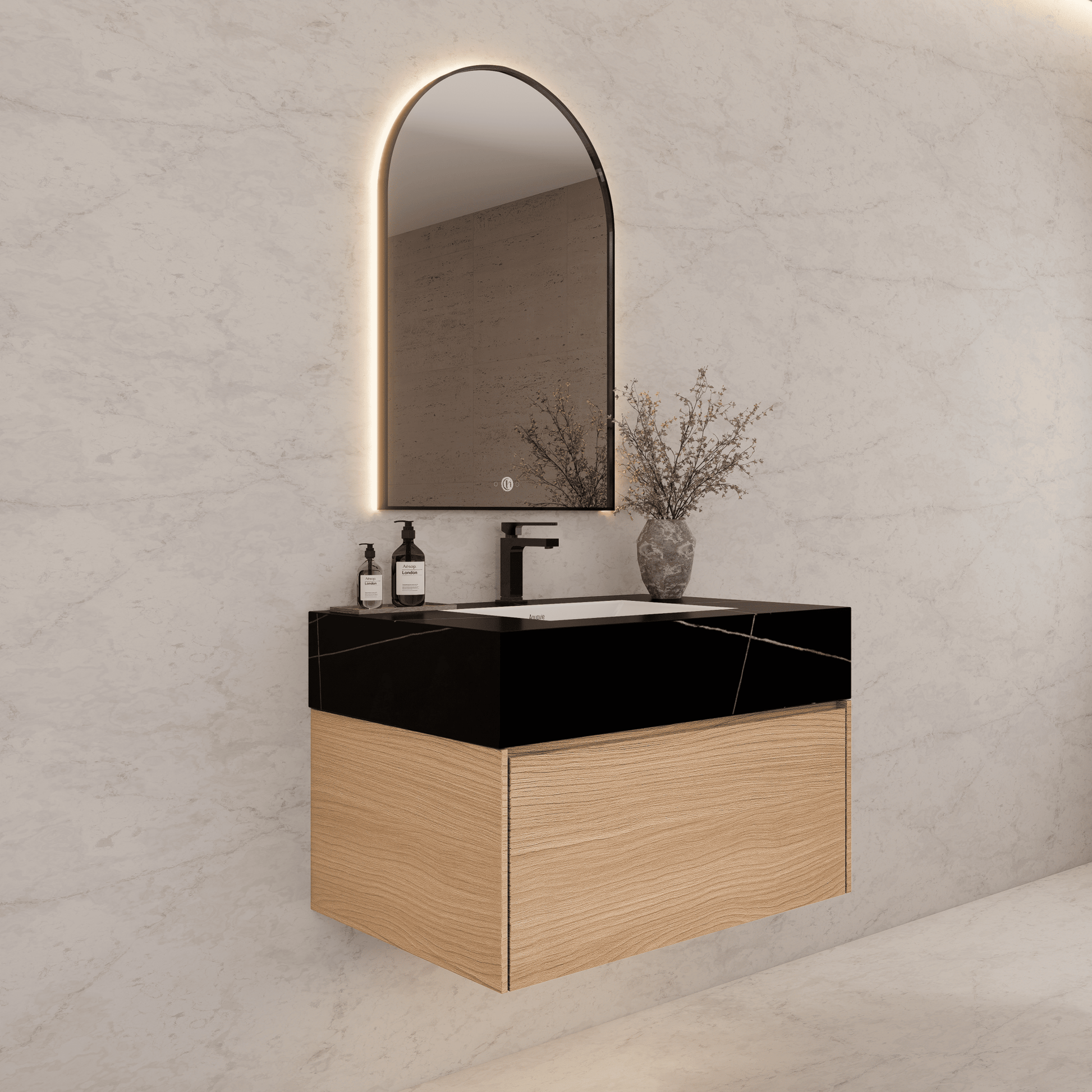 32"Nature Oak Single Sink Floating Bathroom Vanity with Sintered Stone Top - VanityBlack Marquina Gold Veins NeoNova Decor