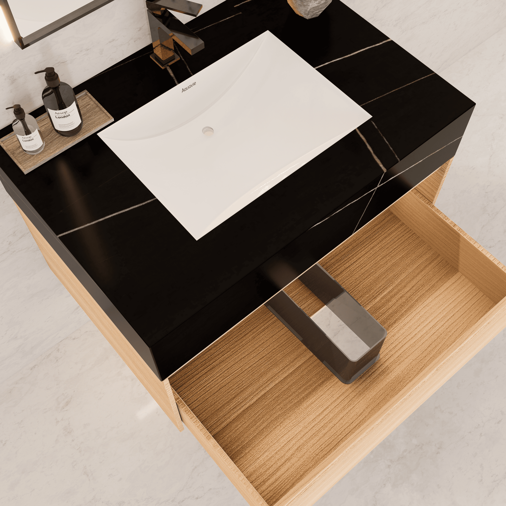 32"Nature Oak Single Sink Floating Bathroom Vanity with Sintered Stone Top - VanityBlack Marquina Gold Veins NeoNova Decor