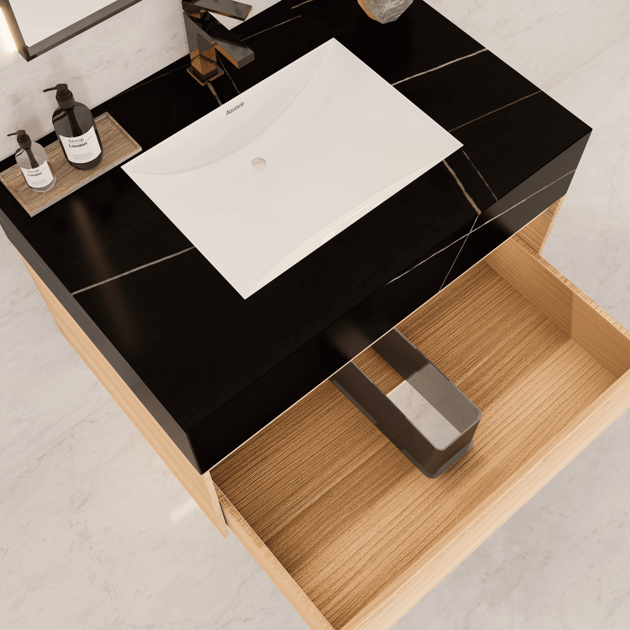 32"Nature Oak Single Sink Floating Bathroom Vanity with Sintered Stone Top - VanityBlack Marquina Gold Veins NeoNova Decor