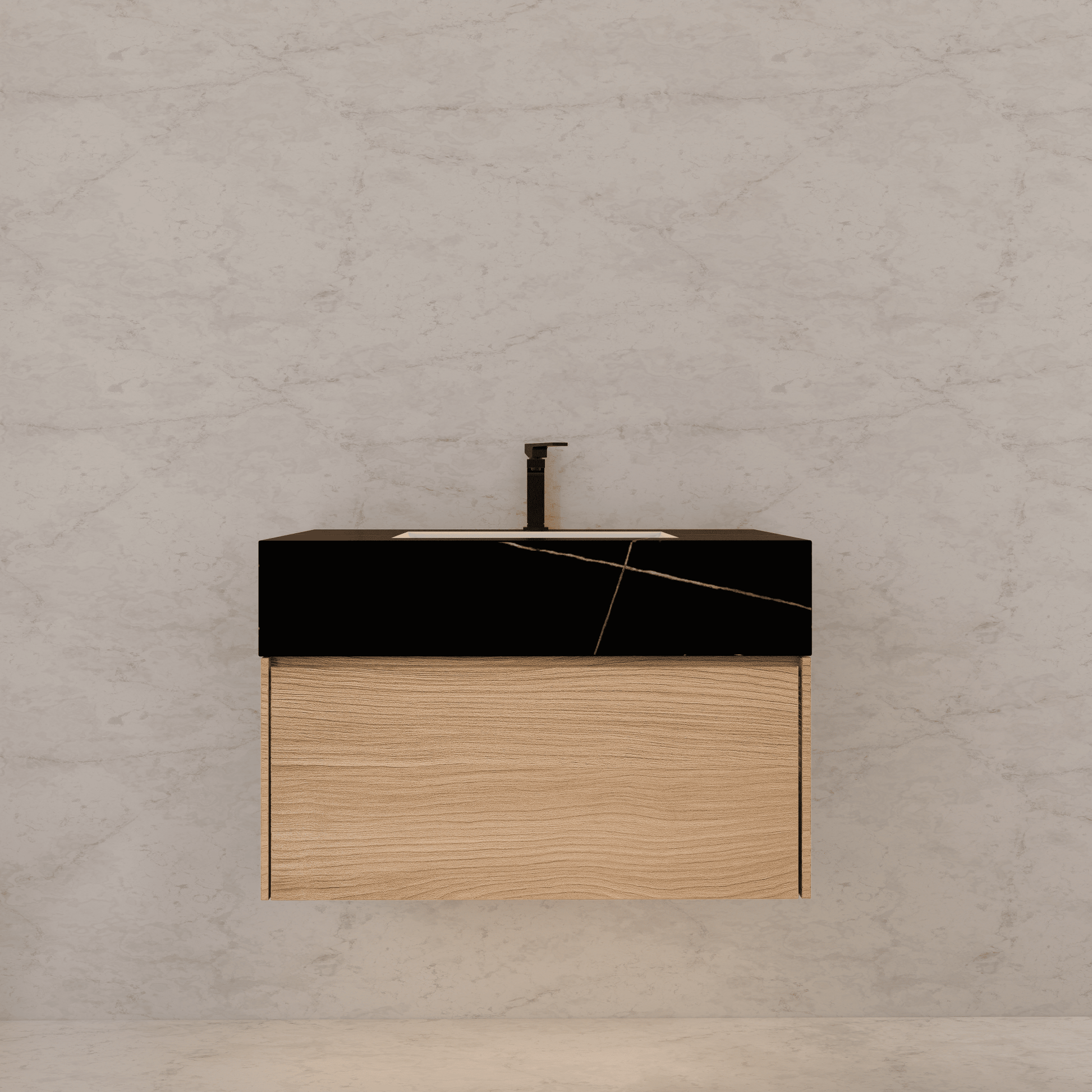 32"Nature Oak Single Sink Floating Bathroom Vanity with Sintered Stone Top - VanityBlack Marquina Gold Veins NeoNova Decor