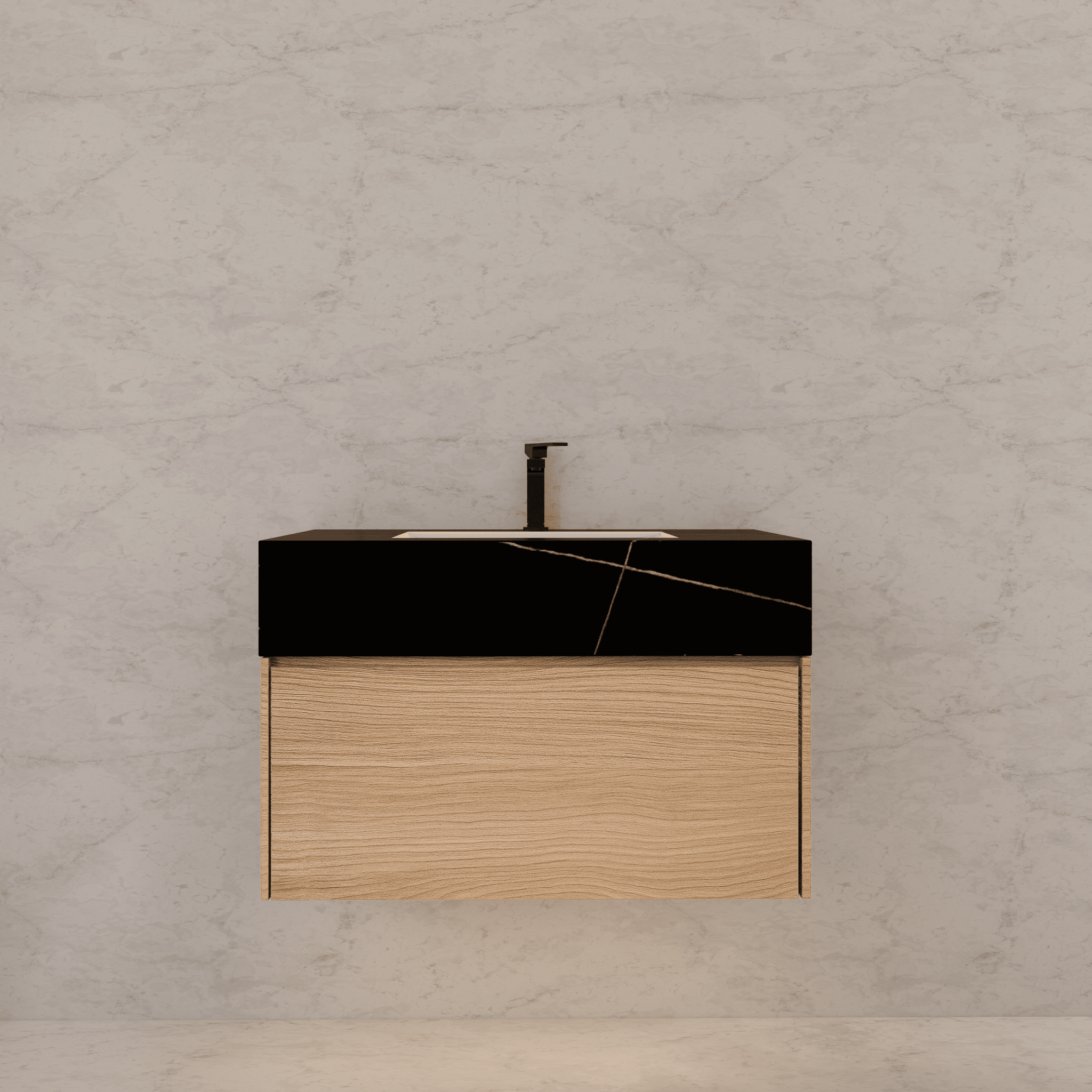 32"Nature Oak Single Sink Floating Bathroom Vanity with Sintered Stone Top - VanityBlack Marquina Gold Veins NeoNova Decor