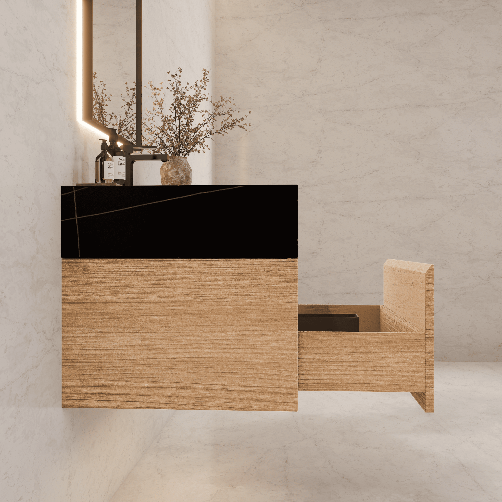 32"Nature Oak Single Sink Floating Bathroom Vanity with Sintered Stone Top - VanityBlack Marquina Gold Veins NeoNova Decor