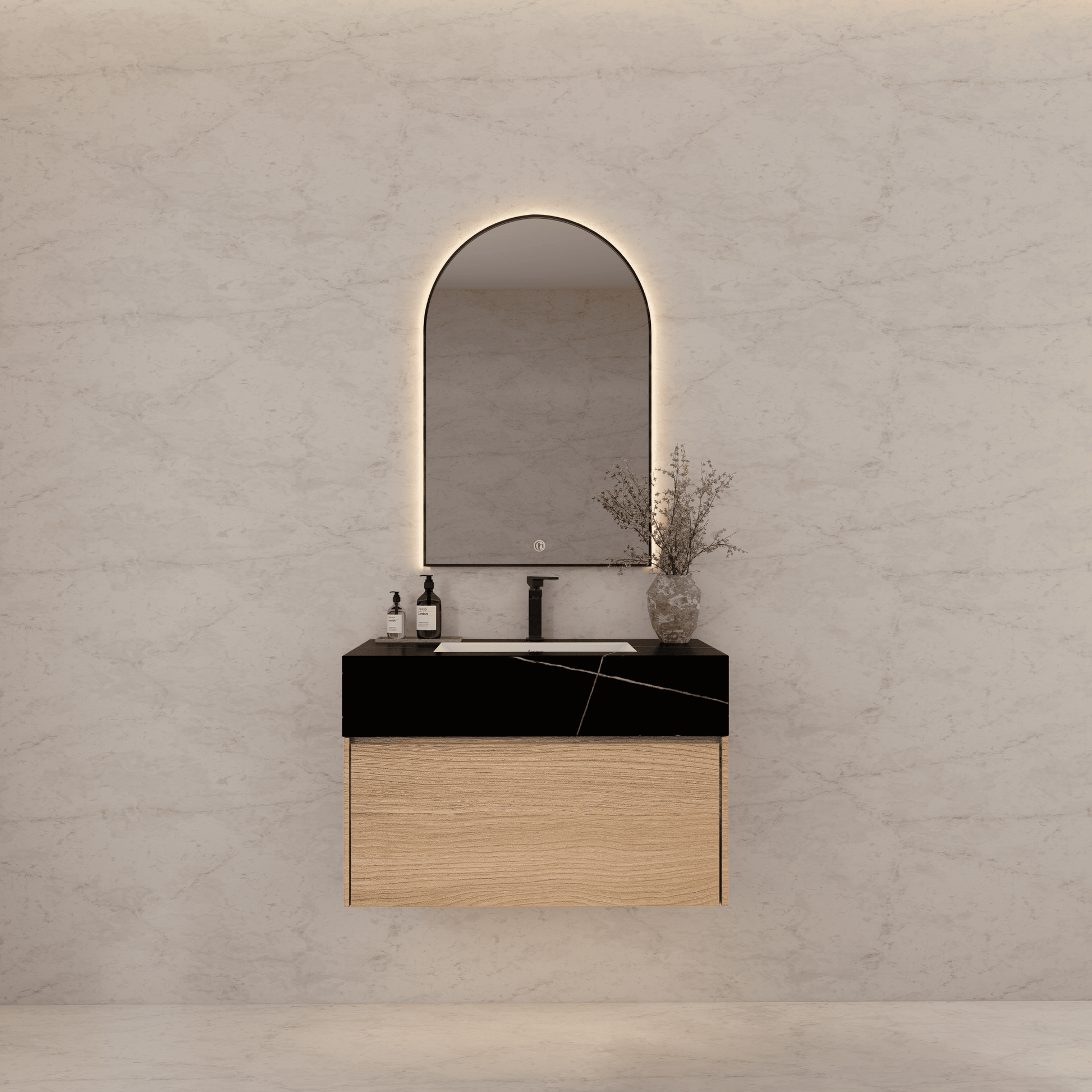 32"Nature Oak Single Sink Floating Bathroom Vanity with Sintered Stone Top - VanityBlack Marquina Gold Veins NeoNova Decor