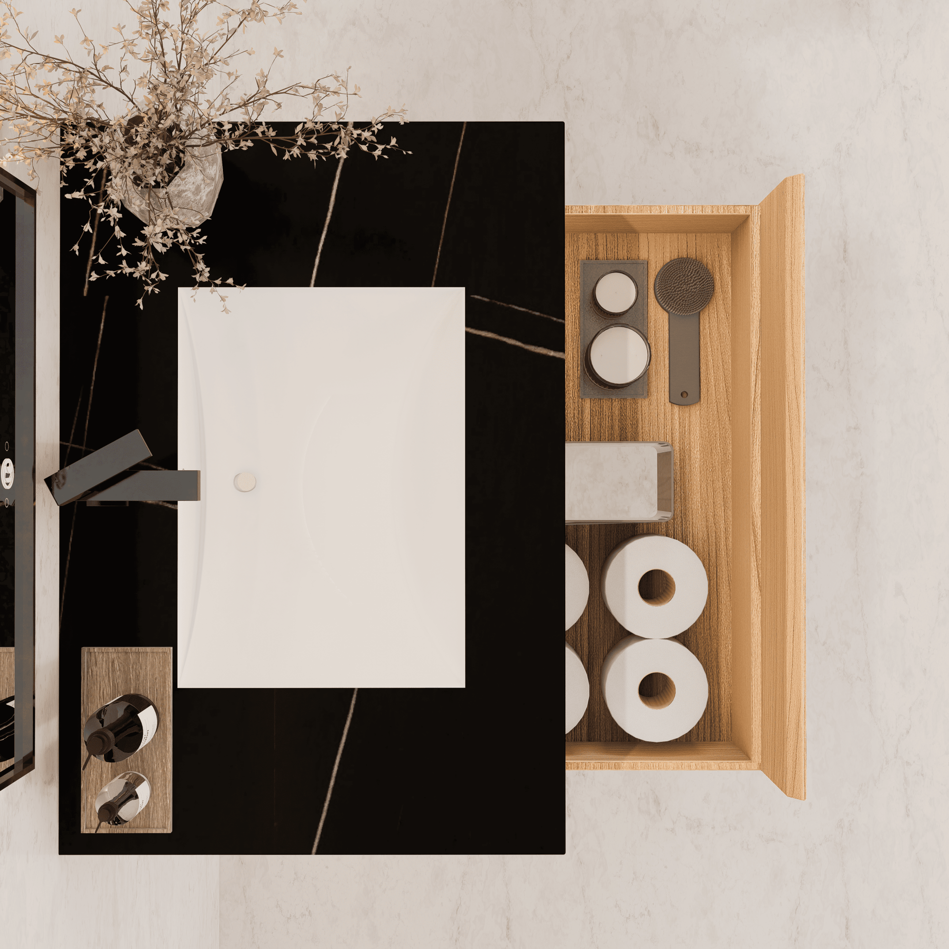 32"Nature Oak Single Sink Floating Bathroom Vanity with Sintered Stone Top - VanityBlack Marquina Gold Veins NeoNova Decor