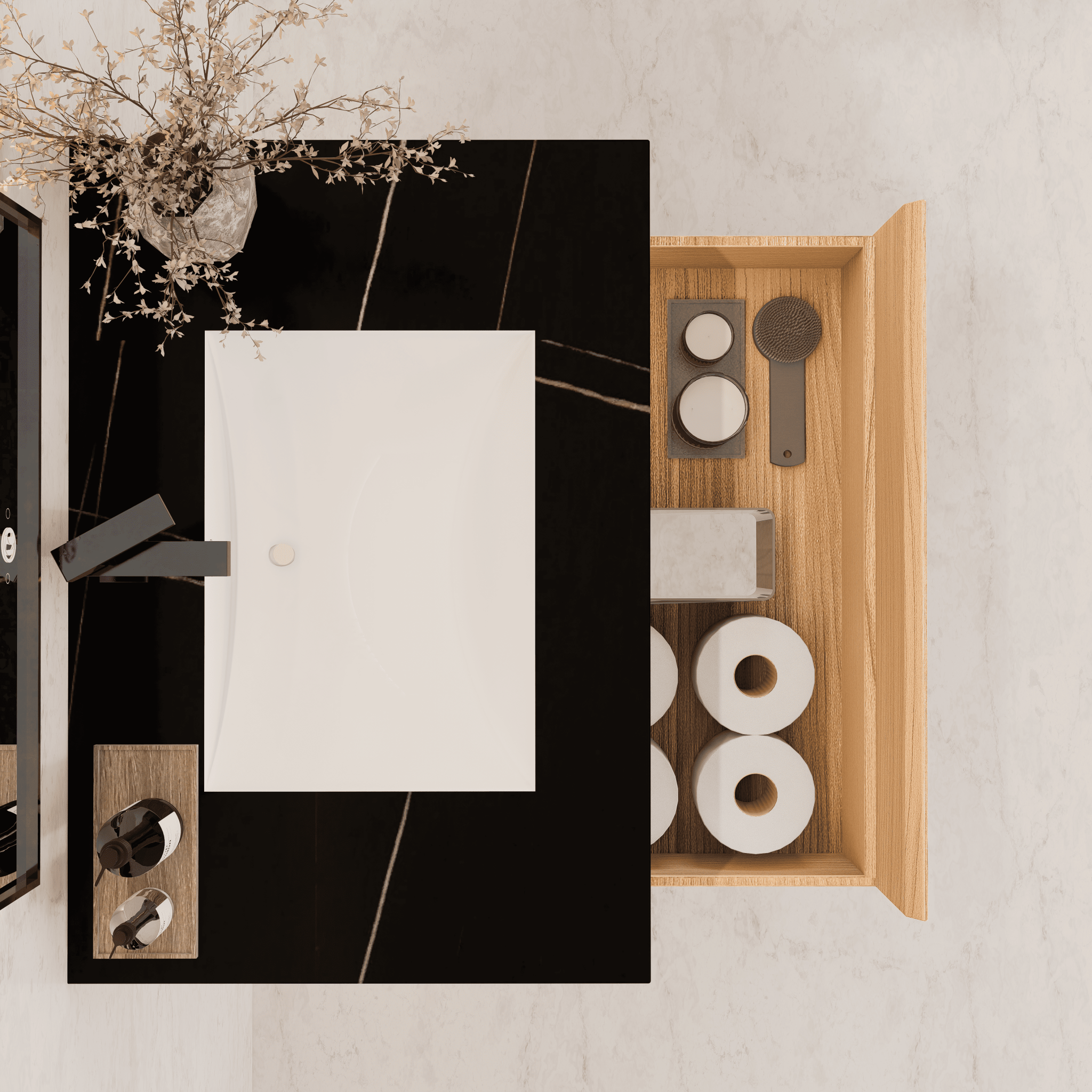 32"Nature Oak Single Sink Floating Bathroom Vanity with Sintered Stone Top - VanityBlack Marquina Gold Veins NeoNova Decor