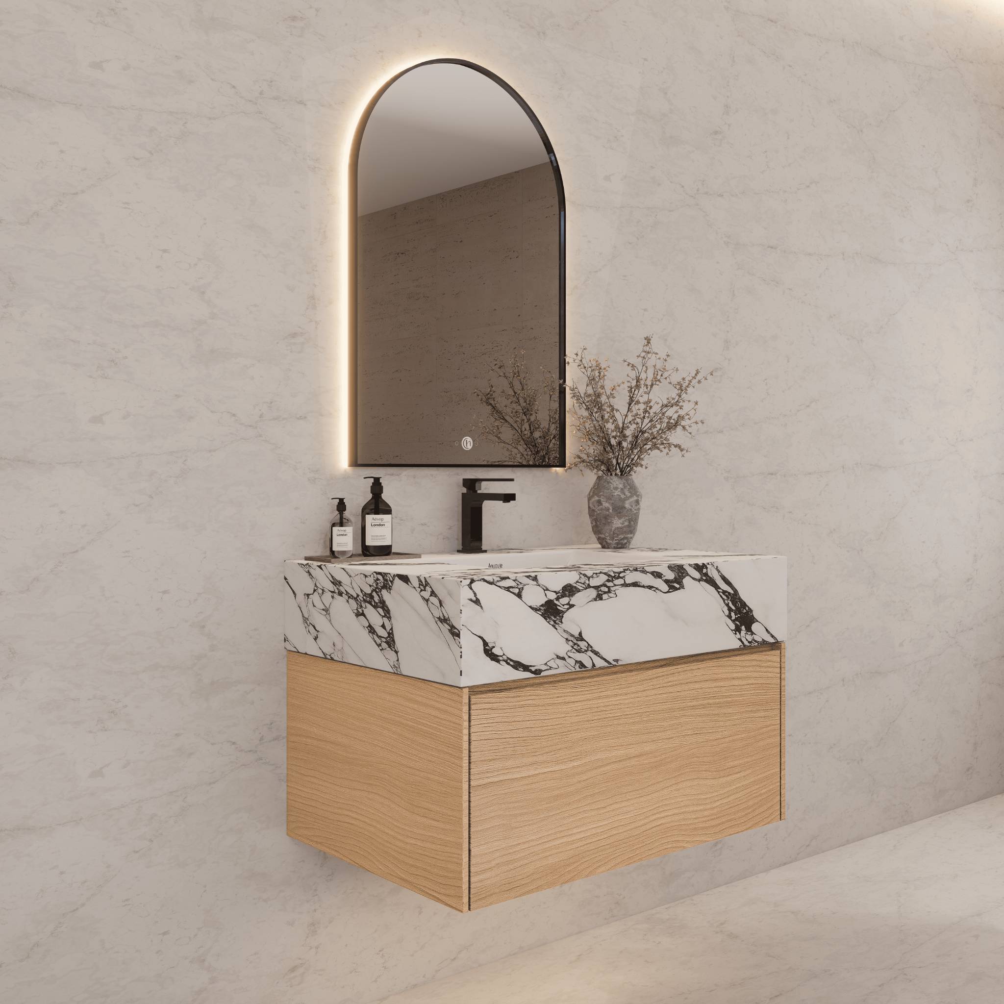 32"Nature Oak Single Sink Floating Bathroom Vanity with Sintered Stone Top - VanityCalacatta Black NeoNova Decor