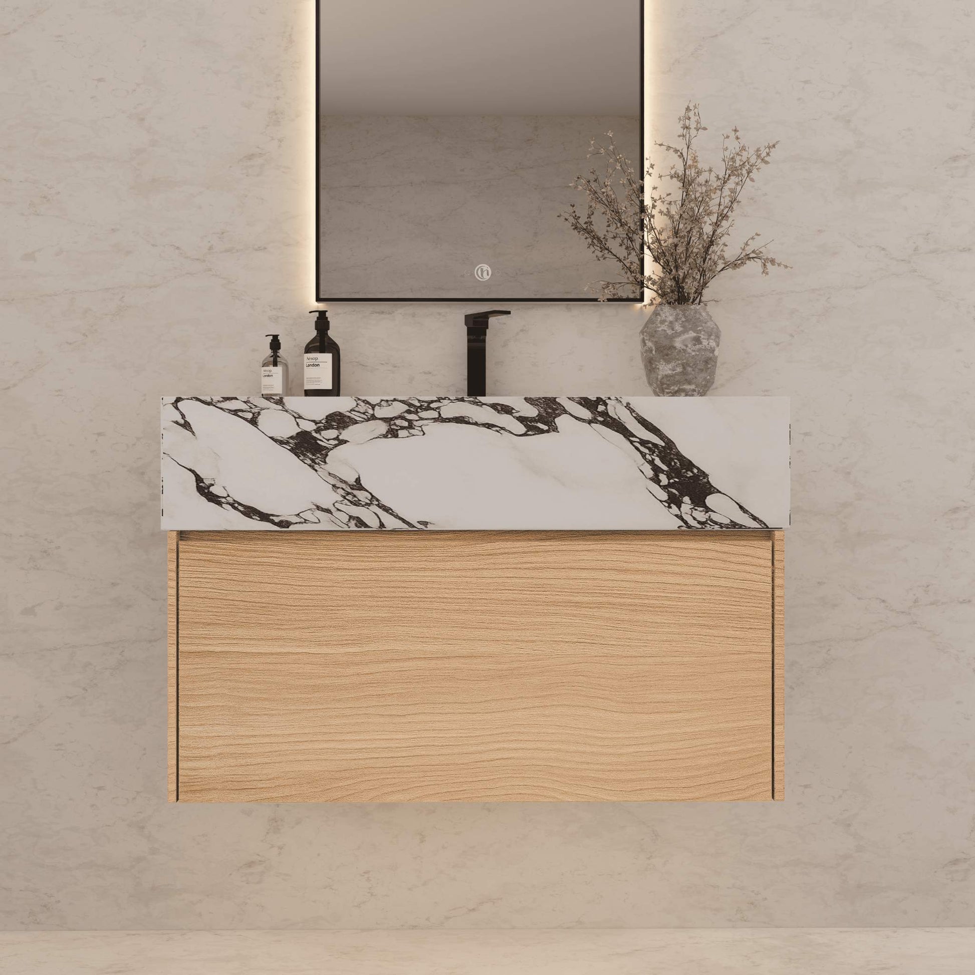 32"Nature Oak Single Sink Floating Bathroom Vanity with Sintered Stone Top - VanityCalacatta Black NeoNova Decor