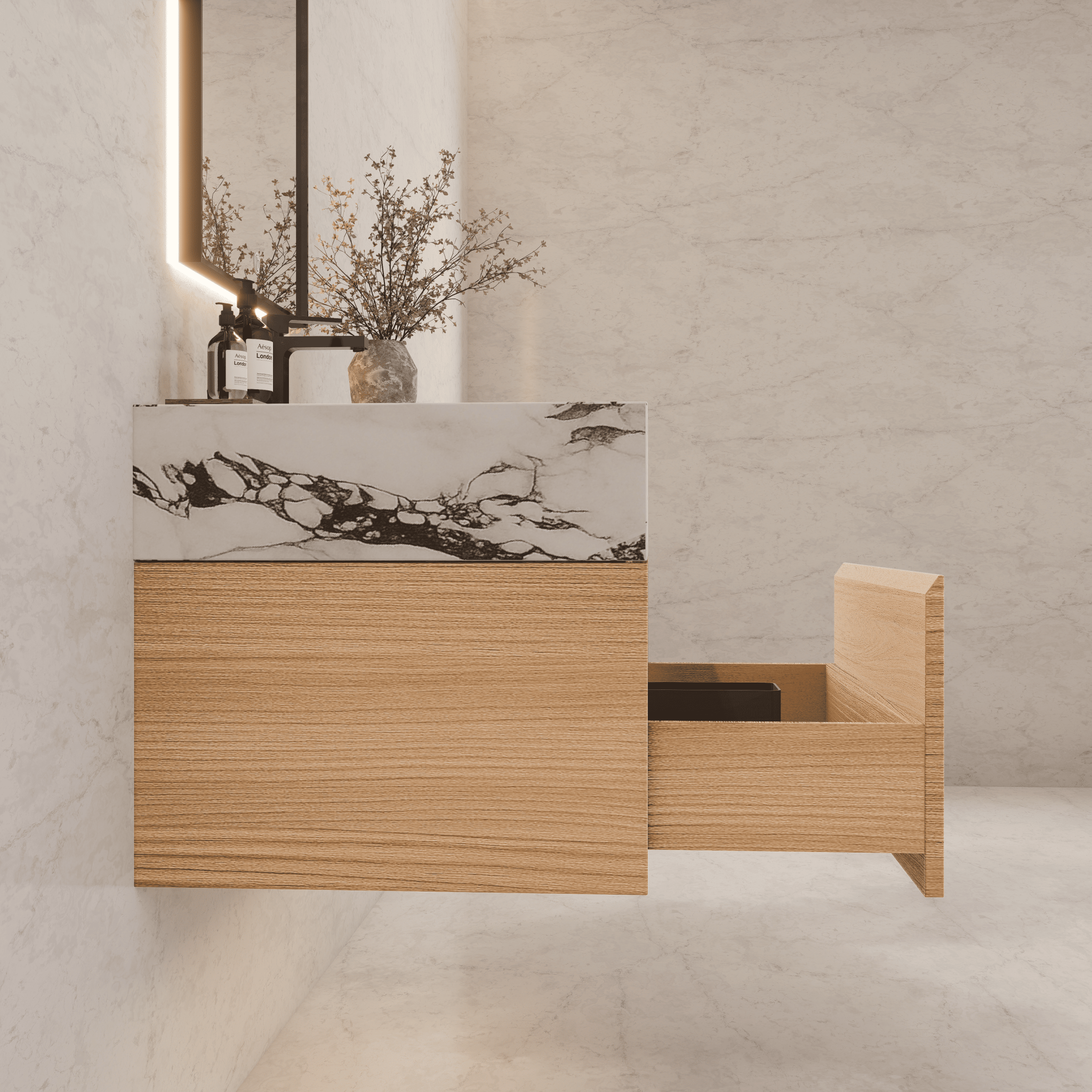 32"Nature Oak Single Sink Floating Bathroom Vanity with Sintered Stone Top - VanityCalacatta Black NeoNova Decor