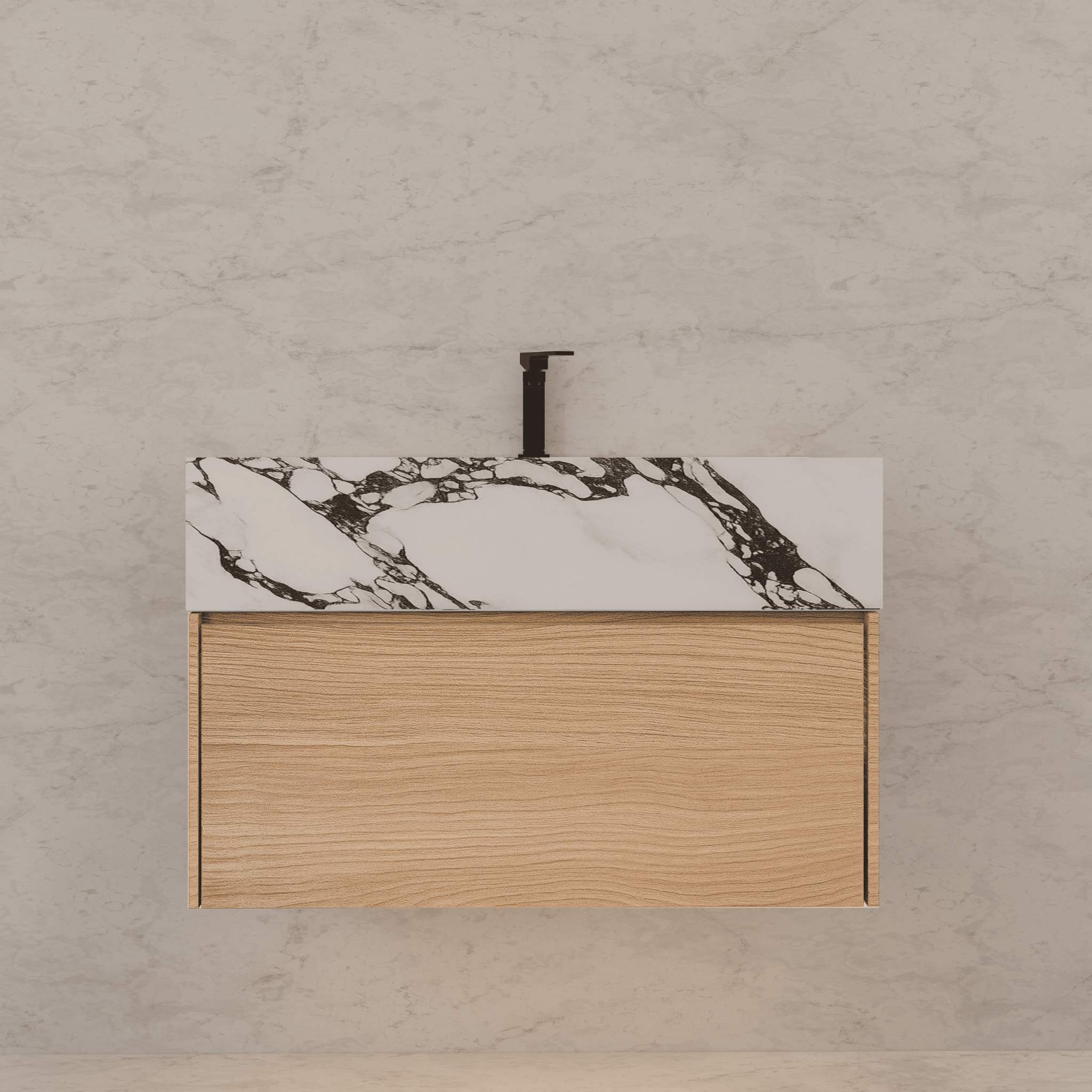 32"Nature Oak Single Sink Floating Bathroom Vanity with Sintered Stone Top - VanityCalacatta Black NeoNova Decor