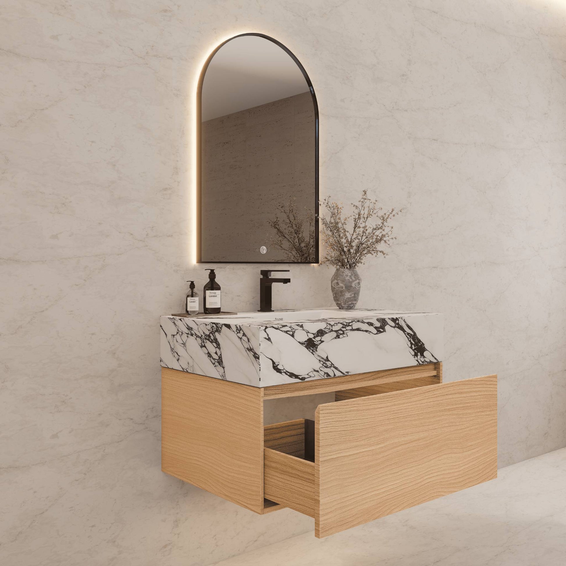 32"Nature Oak Single Sink Floating Bathroom Vanity with Sintered Stone Top - VanityCalacatta Black NeoNova Decor