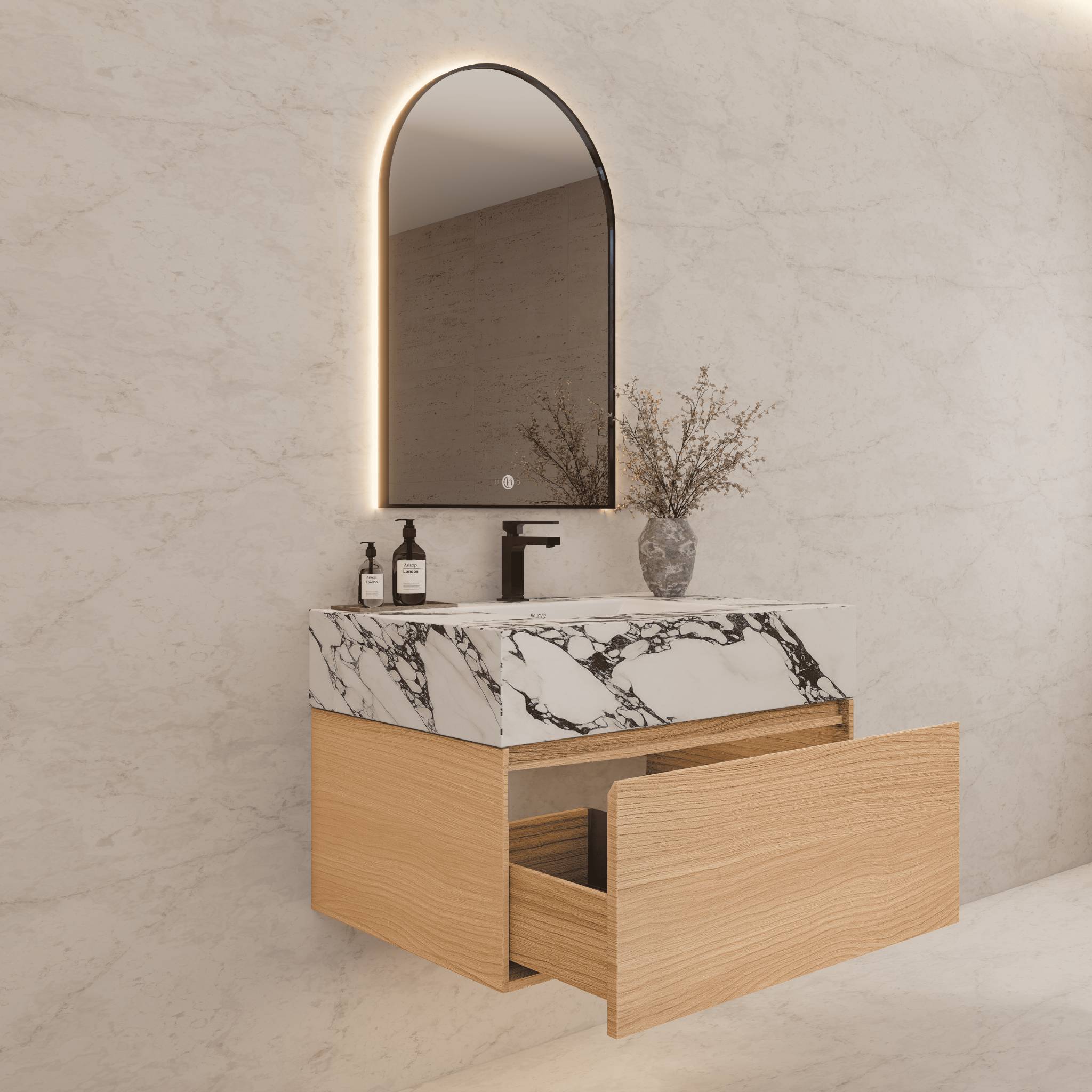 32"Nature Oak Single Sink Floating Bathroom Vanity with Sintered Stone Top - VanityCalacatta Black NeoNova Decor