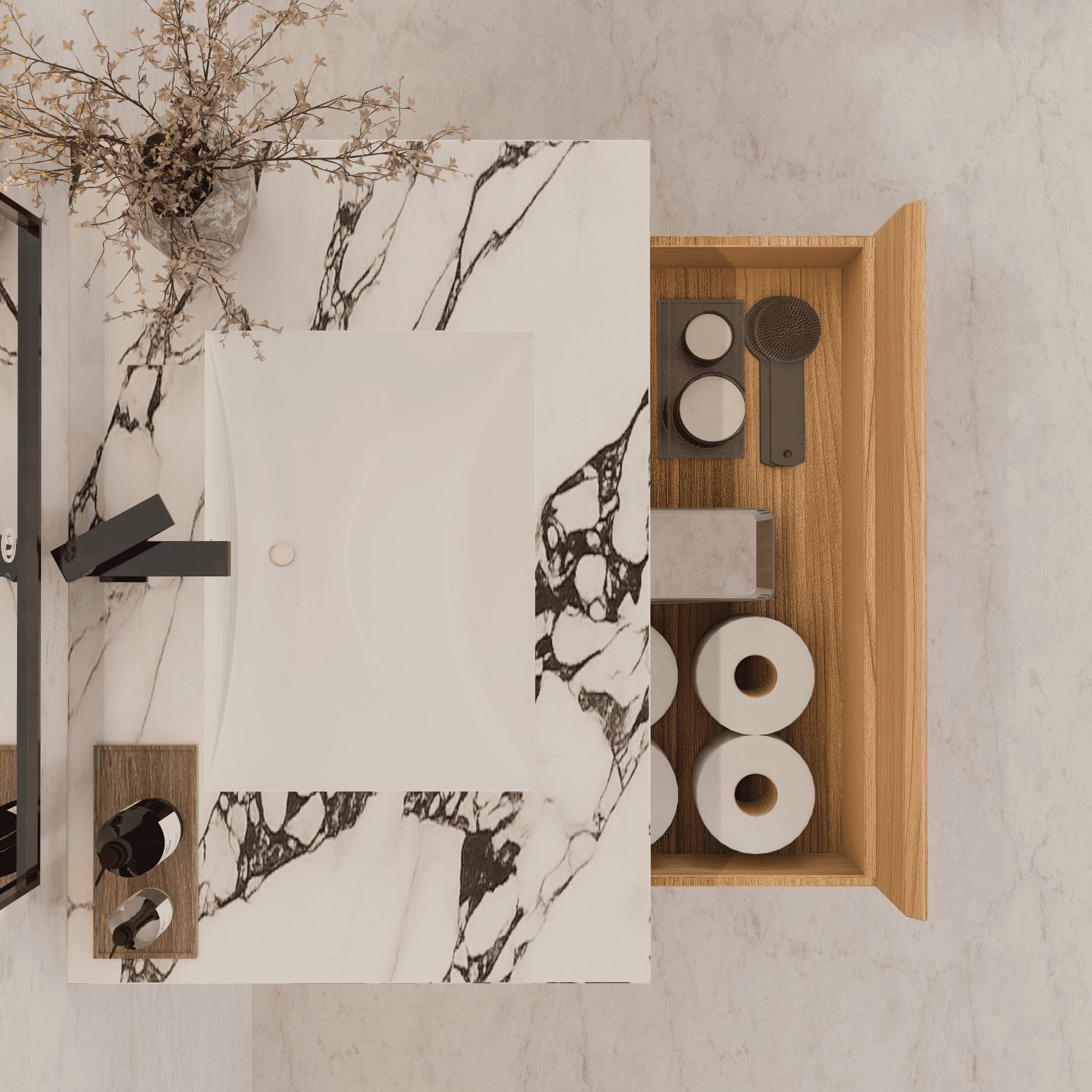 32"Nature Oak Single Sink Floating Bathroom Vanity with Sintered Stone Top - VanityCalacatta Black NeoNova Decor