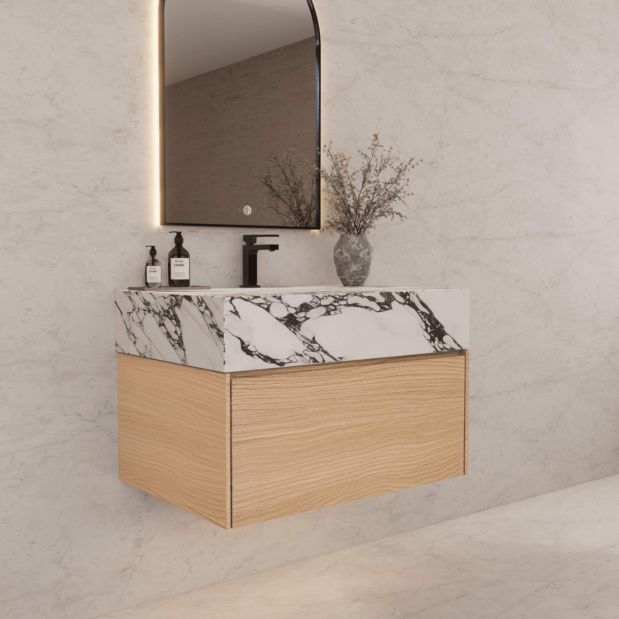 32"Nature Oak Single Sink Floating Bathroom Vanity with Sintered Stone Top - VanityCalacatta Black NeoNova Decor