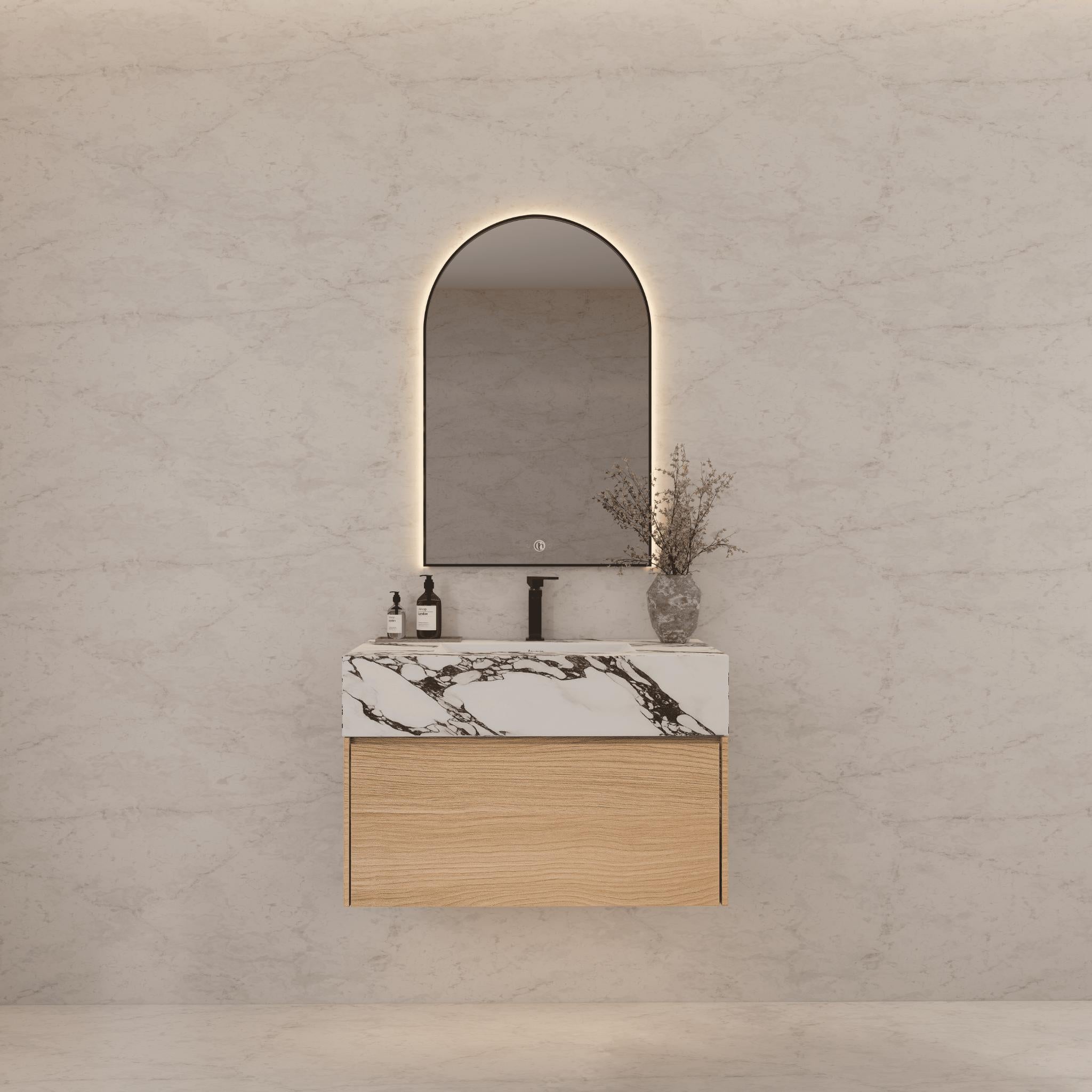 32"Nature Oak Single Sink Floating Bathroom Vanity with Sintered Stone Top - VanityCalacatta Black NeoNova Decor