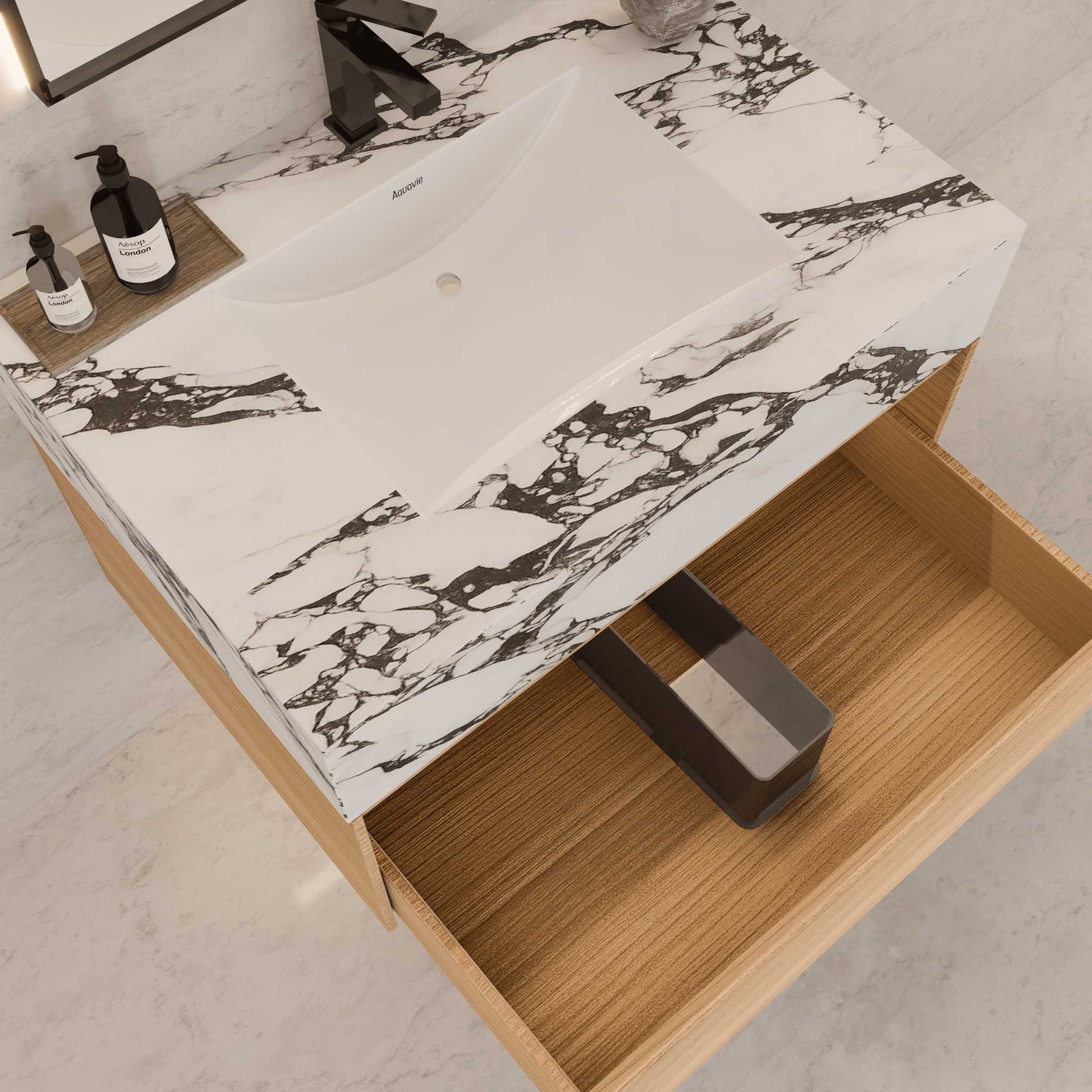 32"Nature Oak Single Sink Floating Bathroom Vanity with Sintered Stone Top - VanityCalacatta Black NeoNova Decor