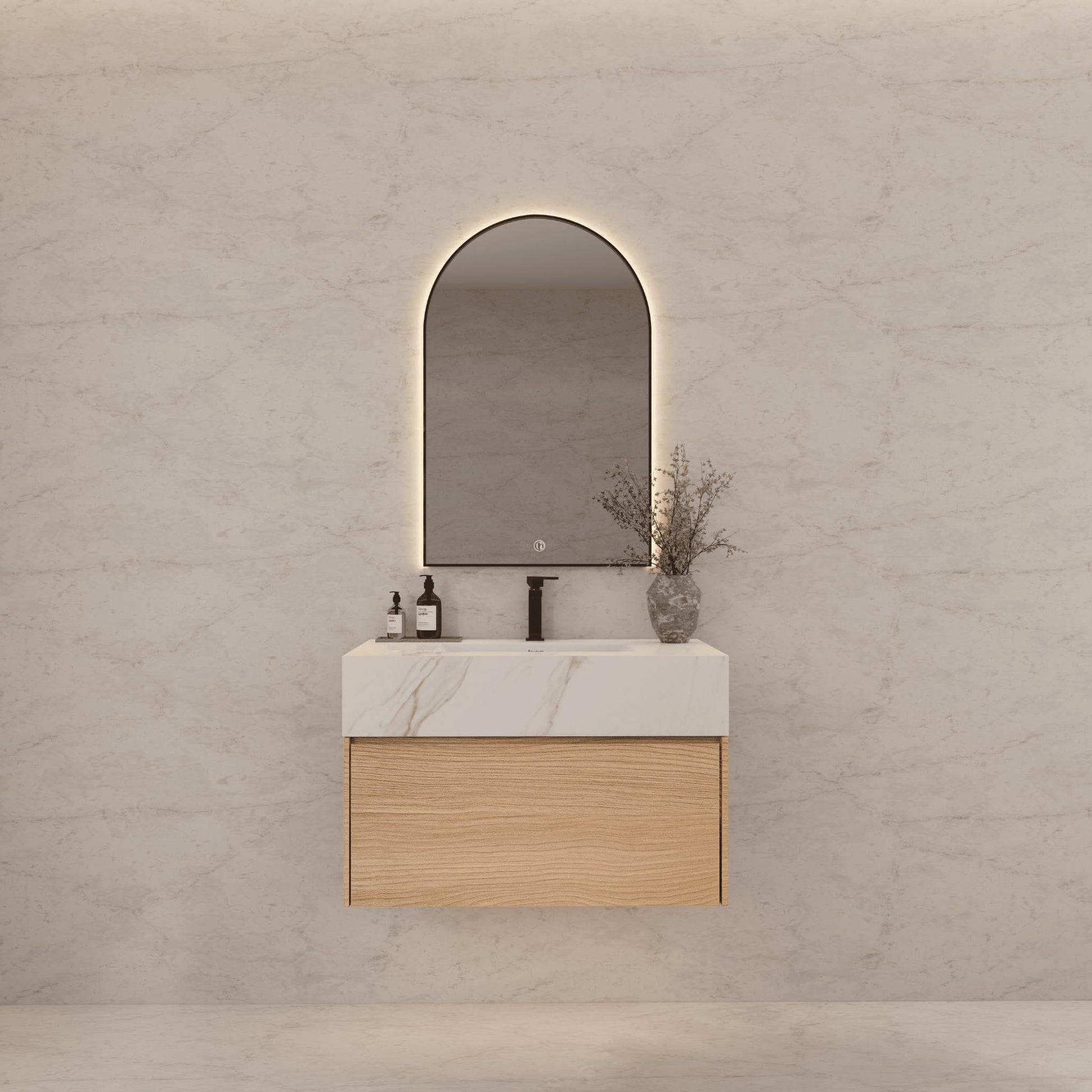 32"Nature Oak Single Sink Floating Bathroom Vanity with Sintered Stone Top - VanityCalacatta Gold NeoNova Decor