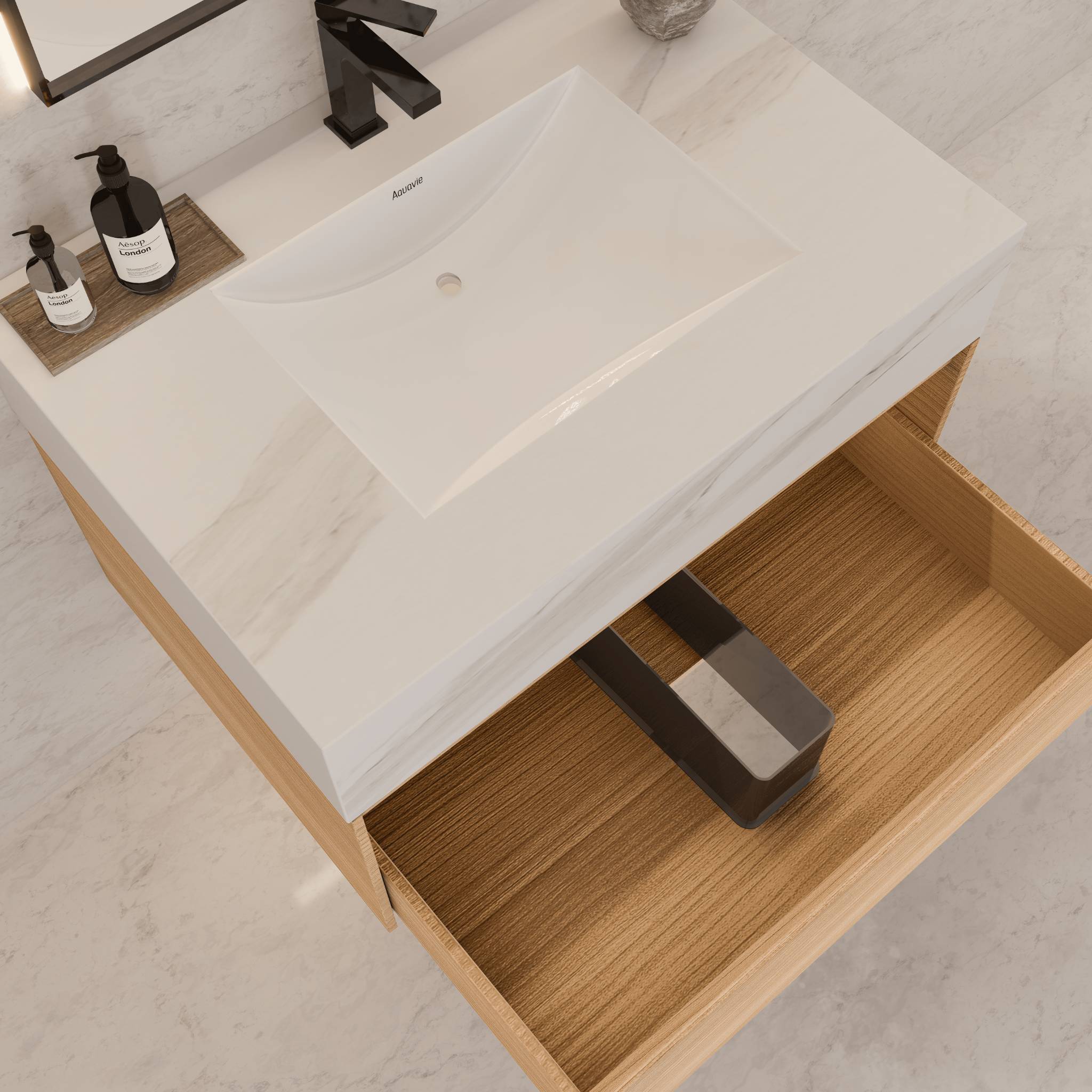 32"Nature Oak Single Sink Floating Bathroom Vanity with Sintered Stone Top - VanityCalacatta Gold NeoNova Decor