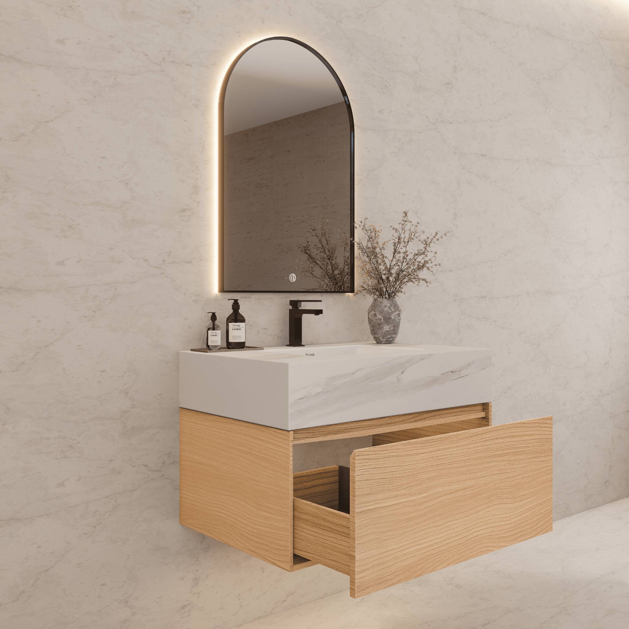 32"Nature Oak Single Sink Floating Bathroom Vanity with Sintered Stone Top - VanityCalacatta Gold NeoNova Decor