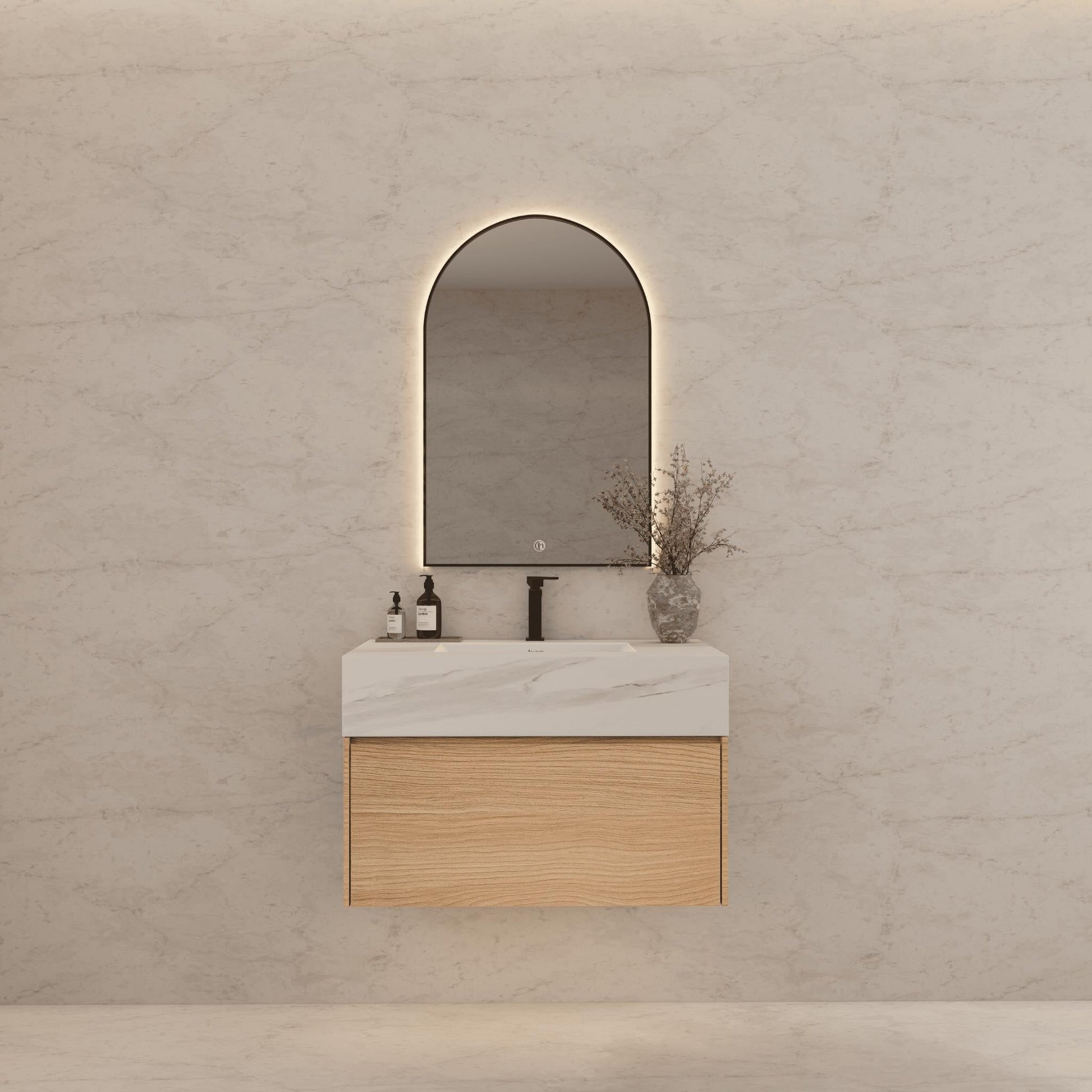 32"Nature Oak Single Sink Floating Bathroom Vanity with Sintered Stone Top - VanityCalacatta Gold NeoNova Decor