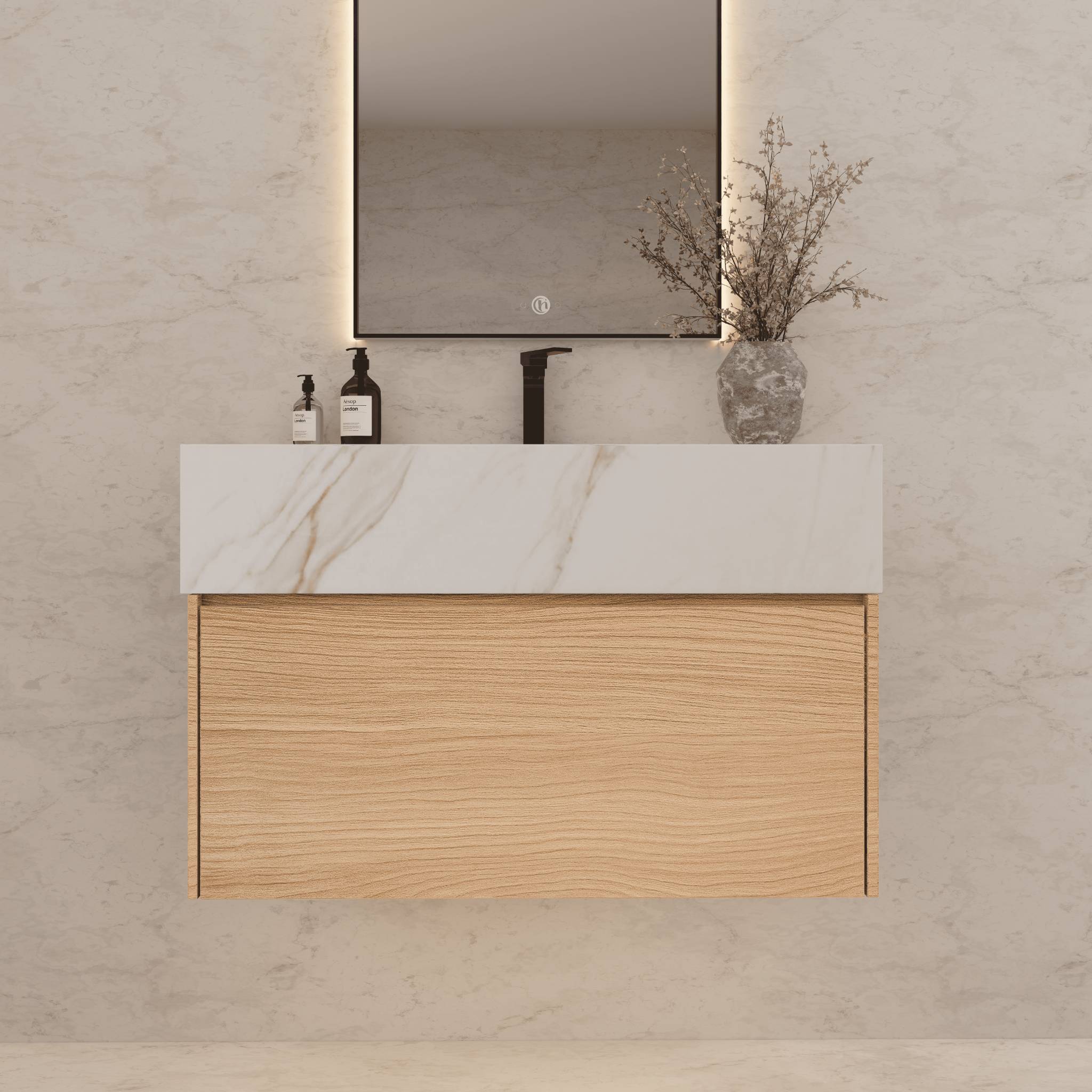 32"Nature Oak Single Sink Floating Bathroom Vanity with Sintered Stone Top - VanityCalacatta Gold NeoNova Decor