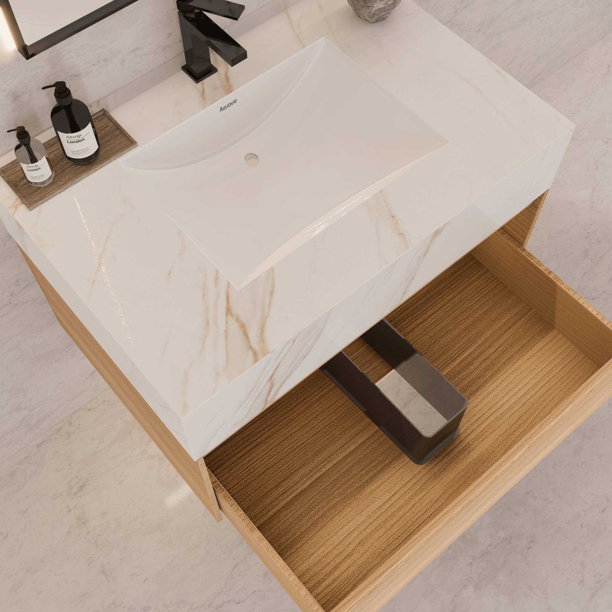 32"Nature Oak Single Sink Floating Bathroom Vanity with Sintered Stone Top - VanityCalacatta Gold NeoNova Decor