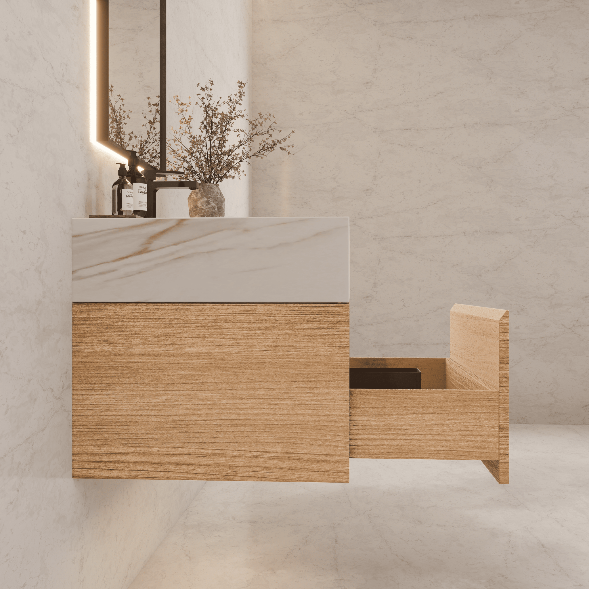 32"Nature Oak Single Sink Floating Bathroom Vanity with Sintered Stone Top - VanityCalacatta Gold NeoNova Decor