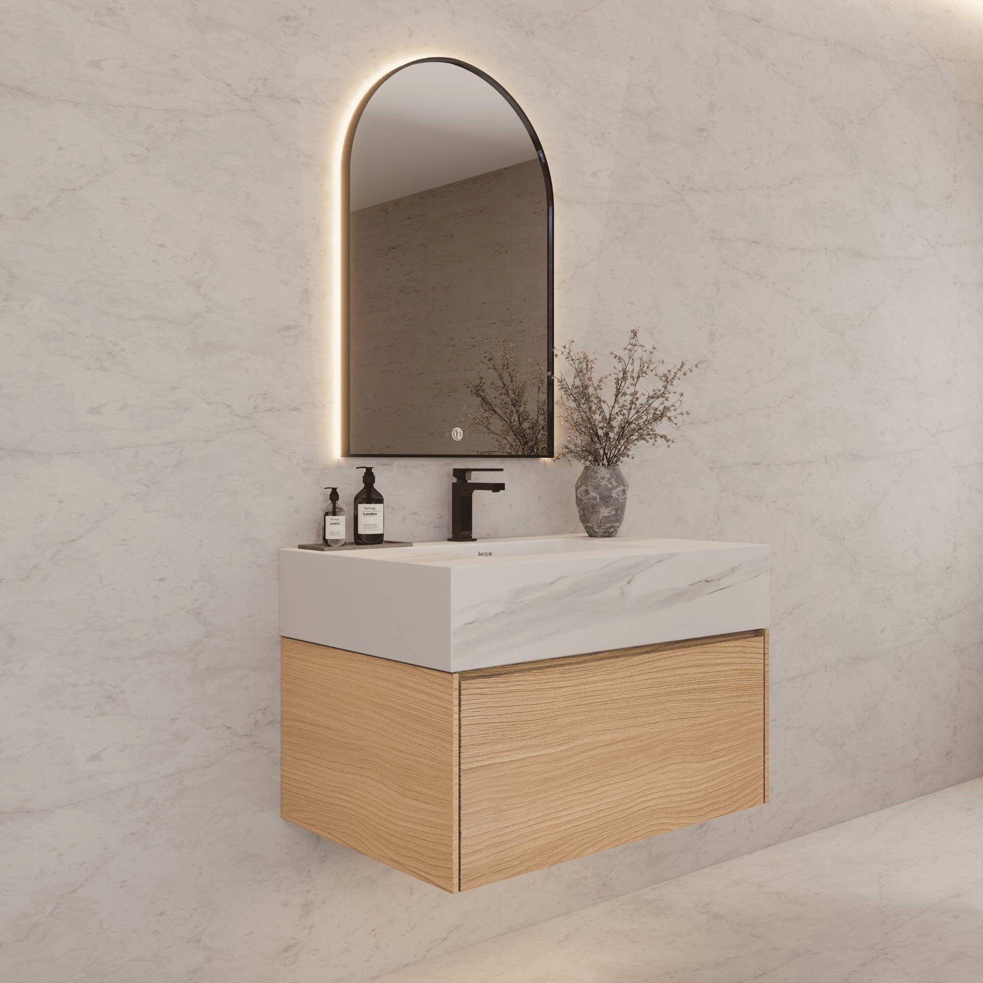 32"Nature Oak Single Sink Floating Bathroom Vanity with Sintered Stone Top - VanityCalacatta Gold NeoNova Decor