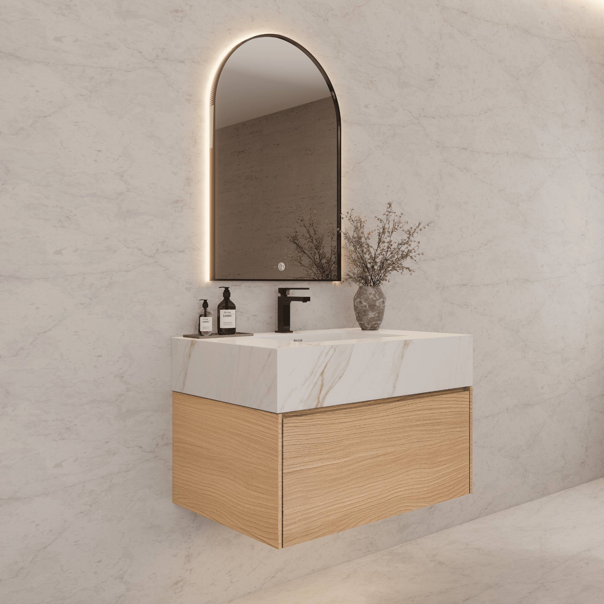 32"Nature Oak Single Sink Floating Bathroom Vanity with Sintered Stone Top - VanityCalacatta Gold NeoNova Decor