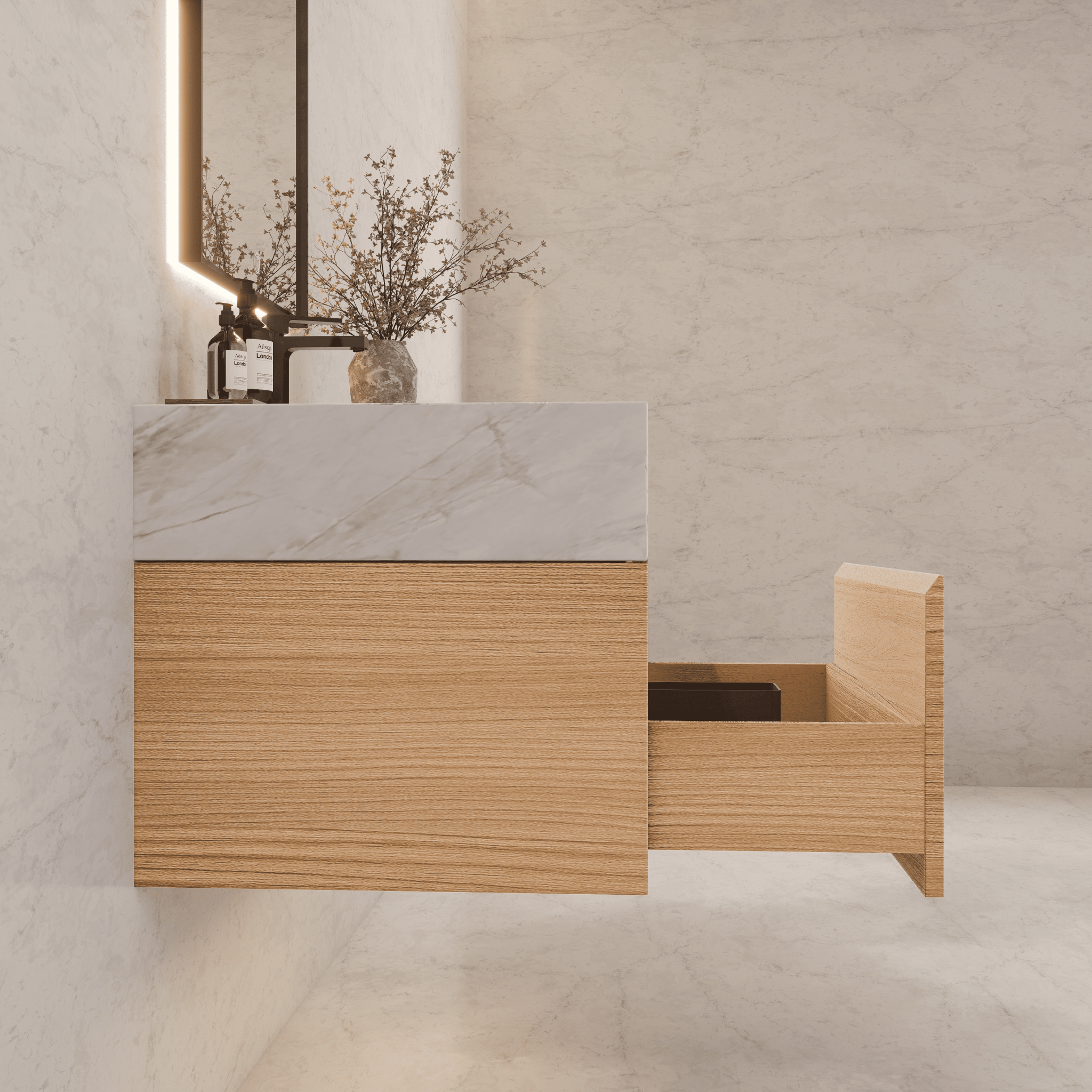 32"Nature Oak Single Sink Floating Bathroom Vanity with Sintered Stone Top - VanityIce Grey NeoNova Decor