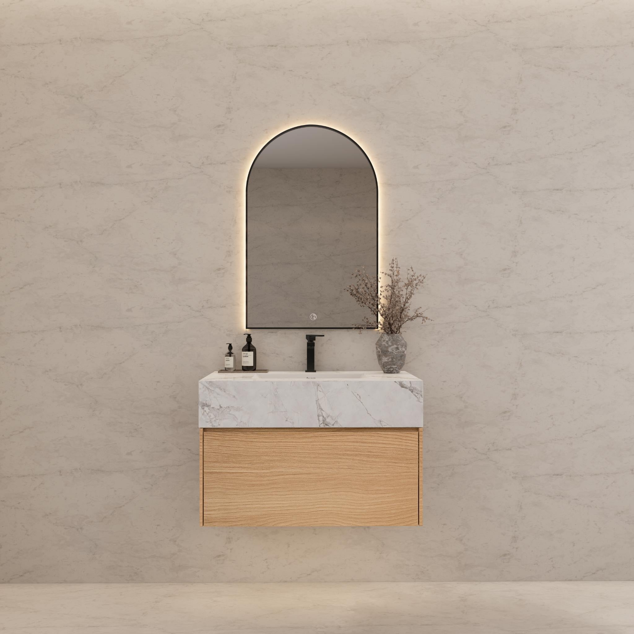 32"Nature Oak Single Sink Floating Bathroom Vanity with Sintered Stone Top - VanityIce Grey NeoNova Decor