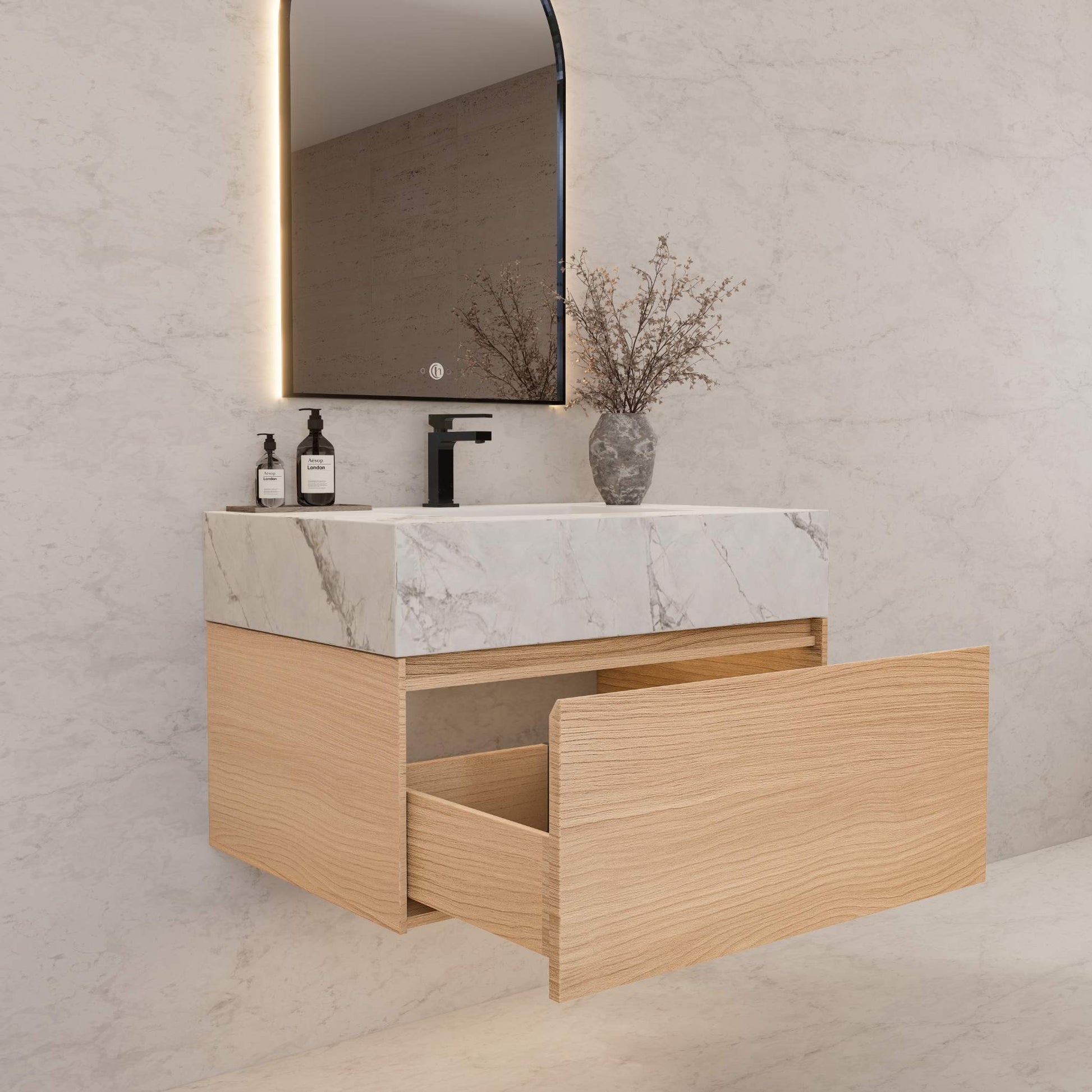 32"Nature Oak Single Sink Floating Bathroom Vanity with Sintered Stone Top - VanityIce Grey NeoNova Decor