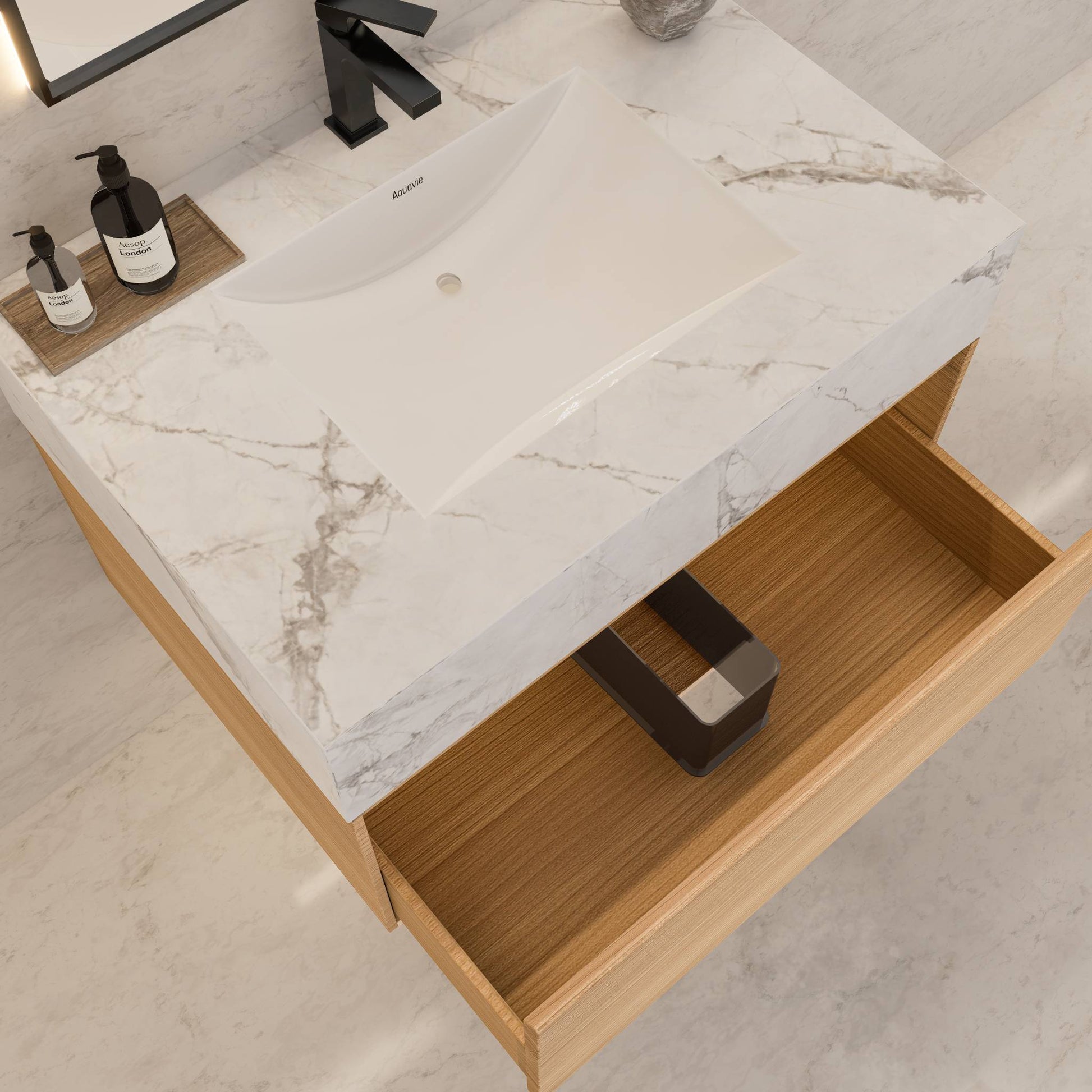 32"Nature Oak Single Sink Floating Bathroom Vanity with Sintered Stone Top - VanityIce Grey NeoNova Decor