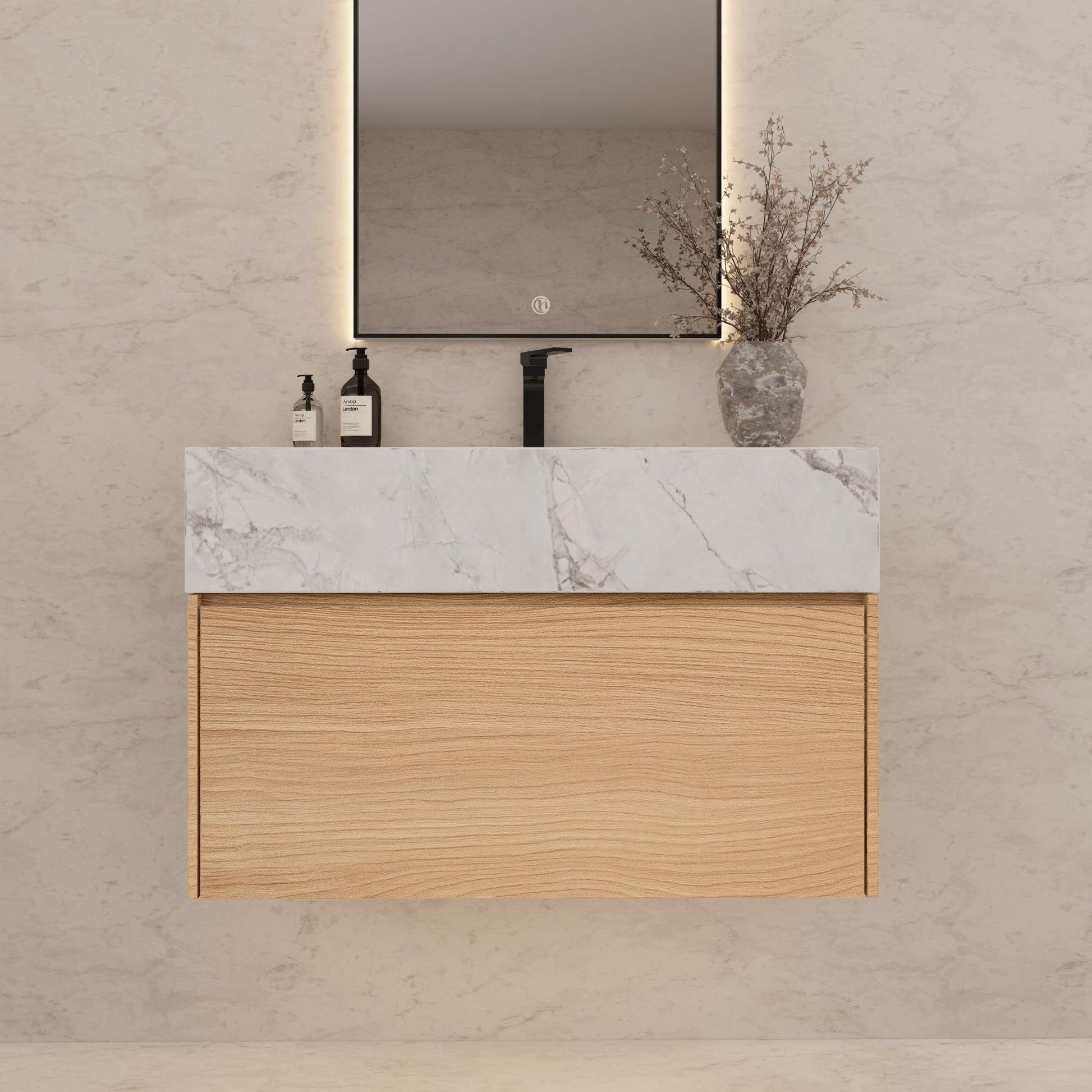 32"Nature Oak Single Sink Floating Bathroom Vanity with Sintered Stone Top - VanityIce Grey NeoNova Decor