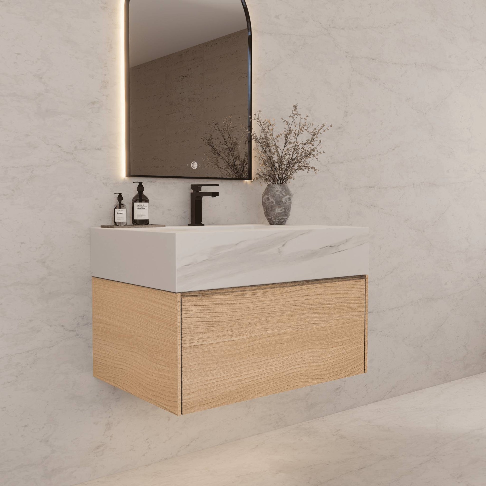 32"Nature Oak Single Sink Floating Bathroom Vanity with Sintered Stone Top - VanityWhite Carrara NeoNova Decor