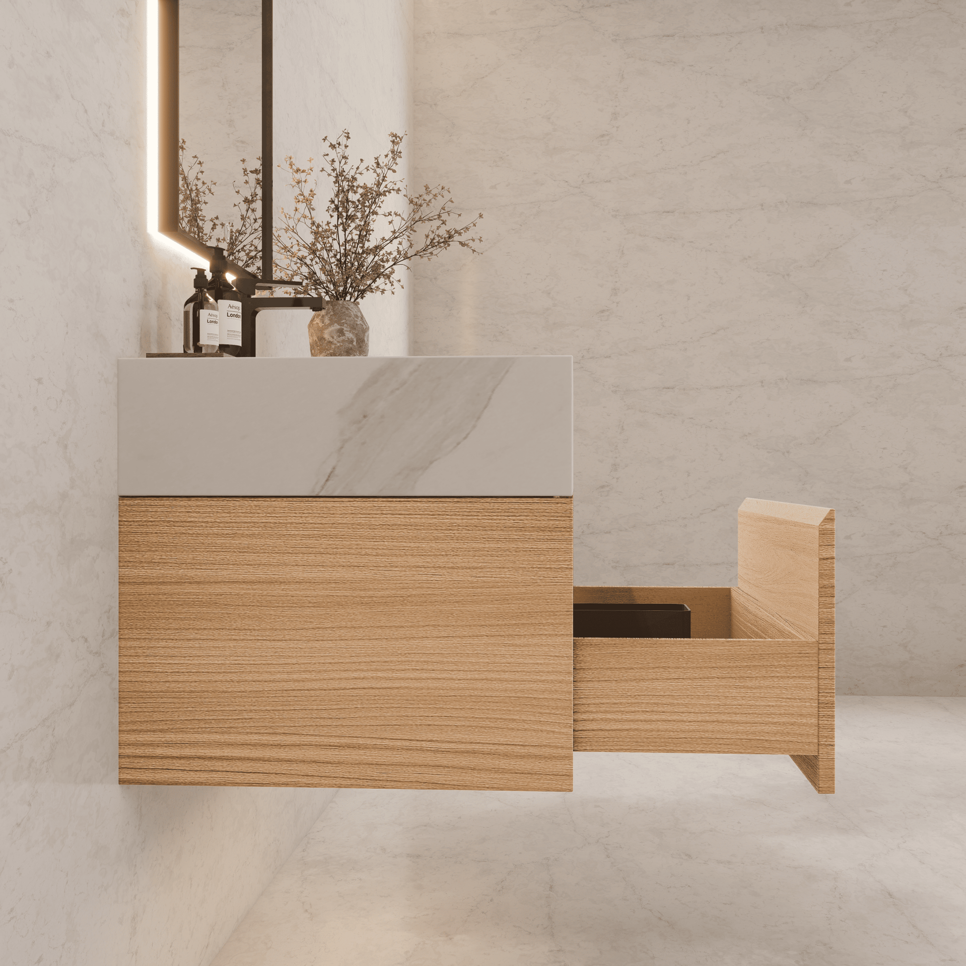 32"Nature Oak Single Sink Floating Bathroom Vanity with Sintered Stone Top - VanityWhite Carrara NeoNova Decor