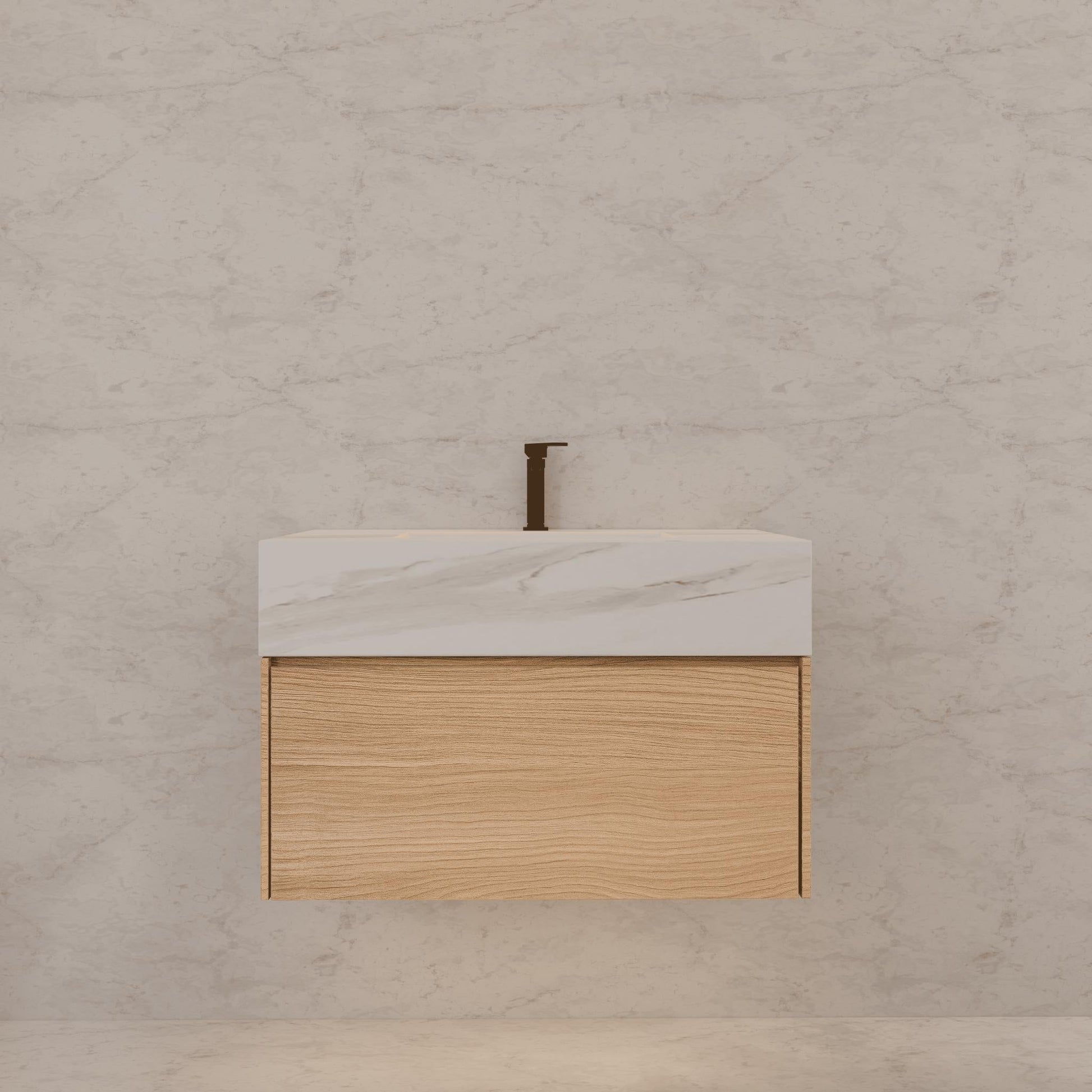 32"Nature Oak Single Sink Floating Bathroom Vanity with Sintered Stone Top - VanityWhite Carrara NeoNova Decor