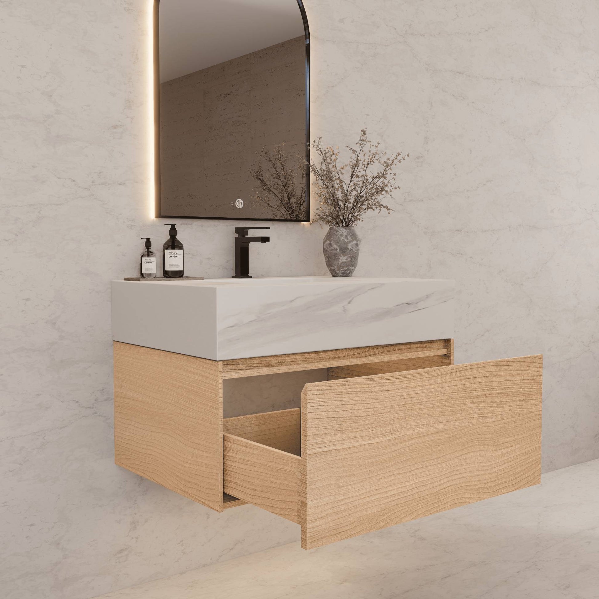 32"Nature Oak Single Sink Floating Bathroom Vanity with Sintered Stone Top - VanityWhite Carrara NeoNova Decor