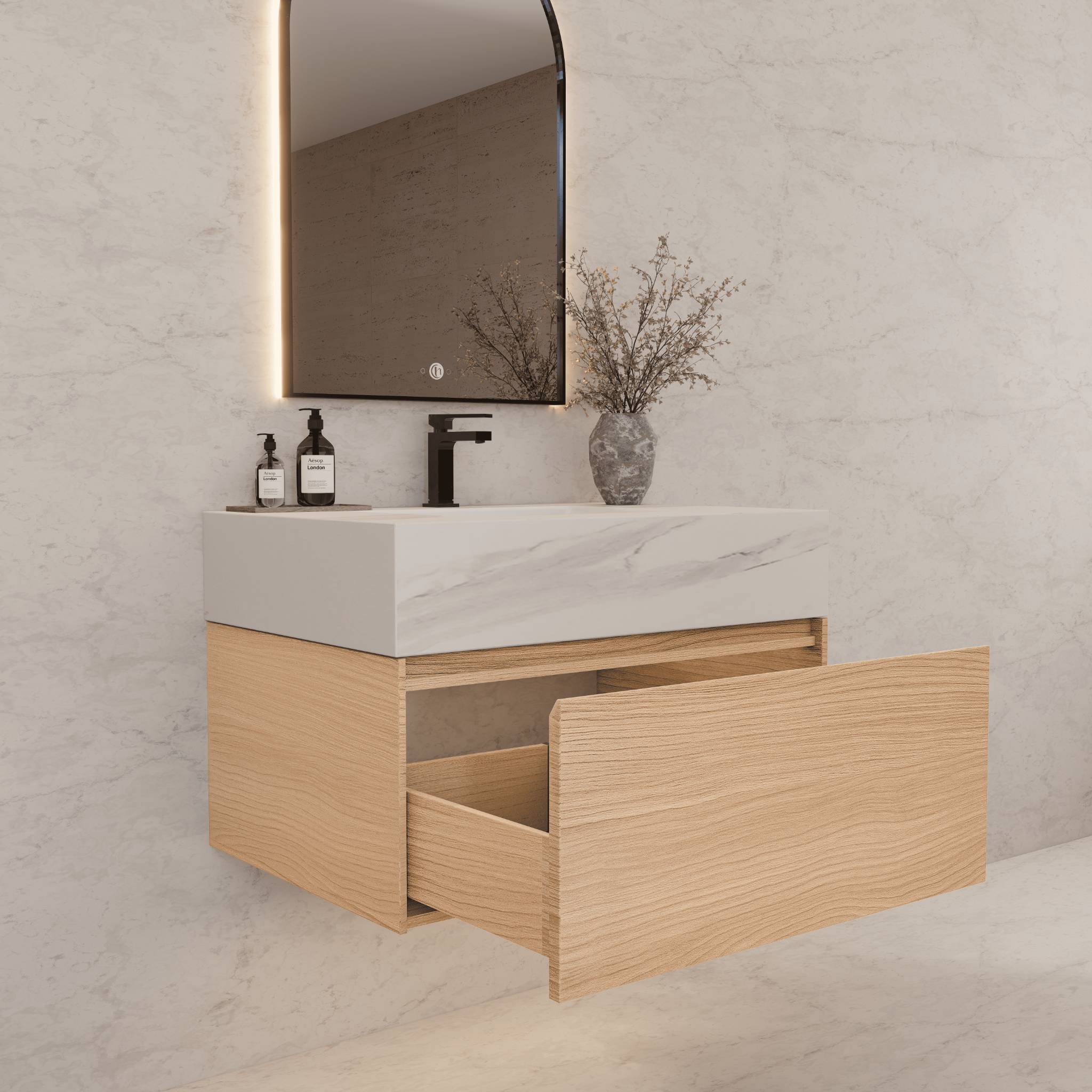32"Nature Oak Single Sink Floating Bathroom Vanity with Sintered Stone Top - VanityWhite Carrara NeoNova Decor