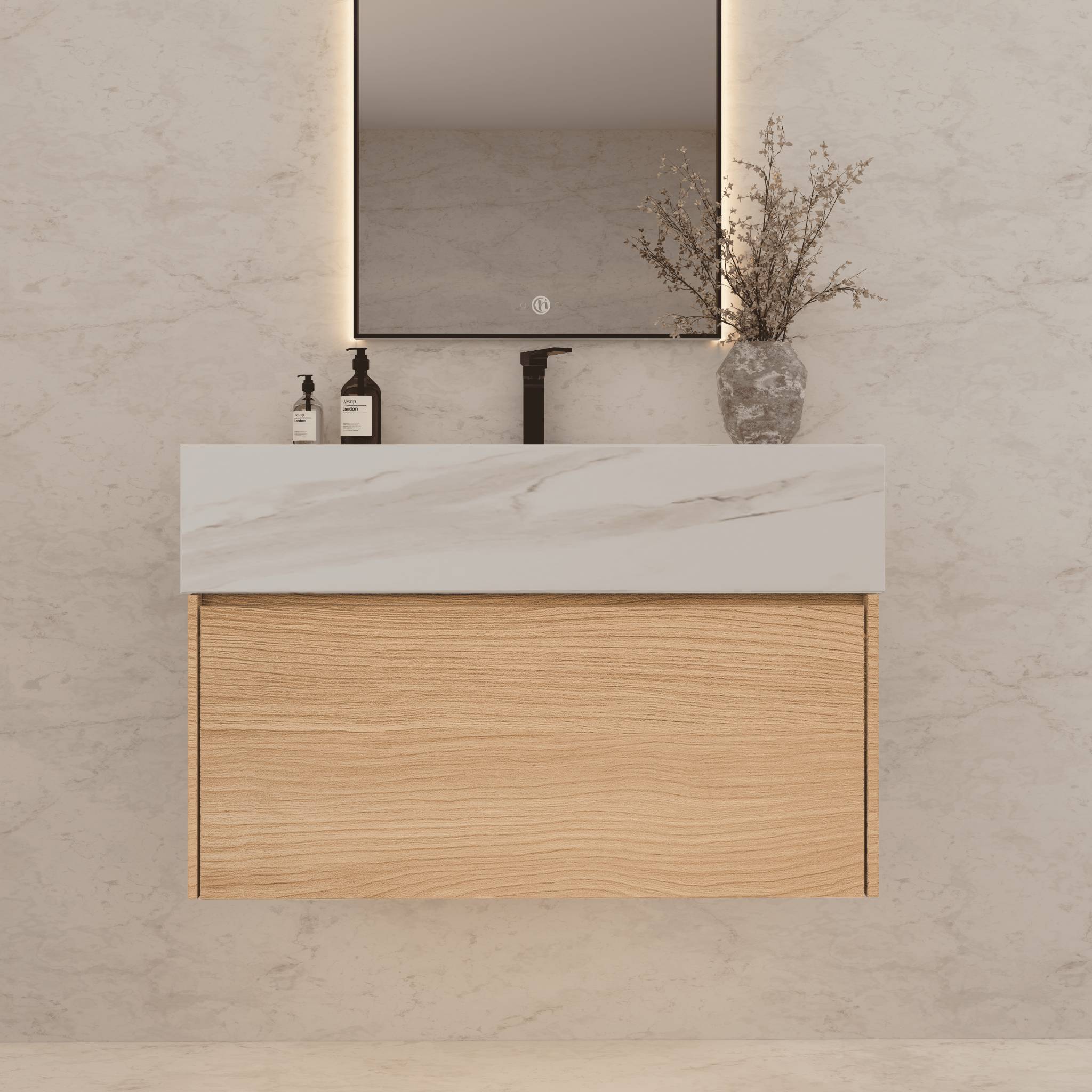 32"Nature Oak Single Sink Floating Bathroom Vanity with Sintered Stone Top - VanityWhite Carrara NeoNova Decor